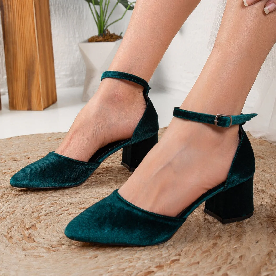 Miranda - Emerald Green Velvet Heels with Pearls - Image 9
