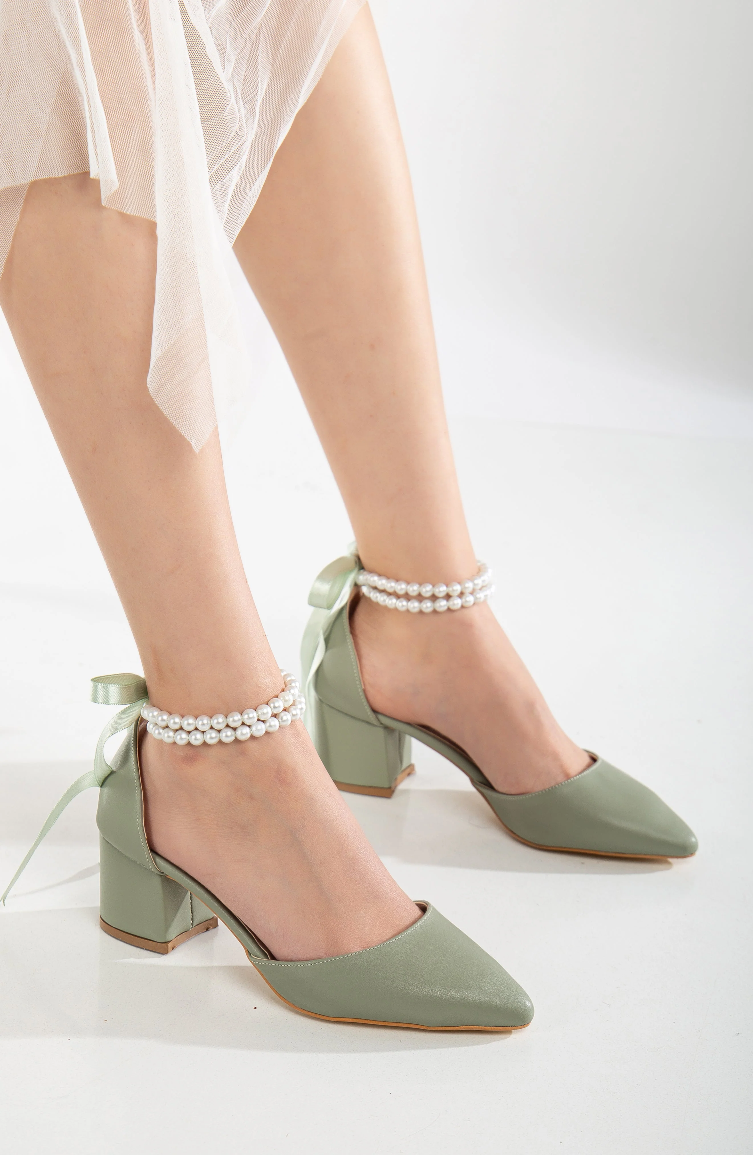 Miranda - Sage Green Pumps with Pearls - Image 3
