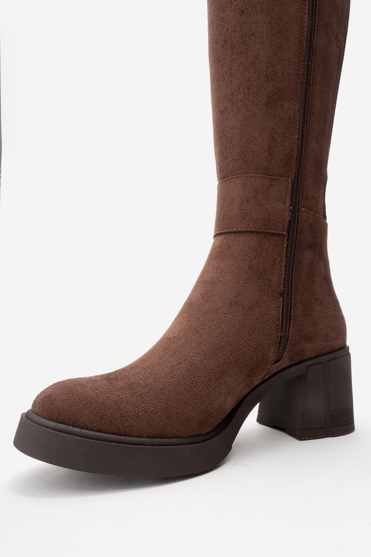 MORENİ - Brown Genuine Leather Knee-High Block Heel Boot (Women) - Image 7
