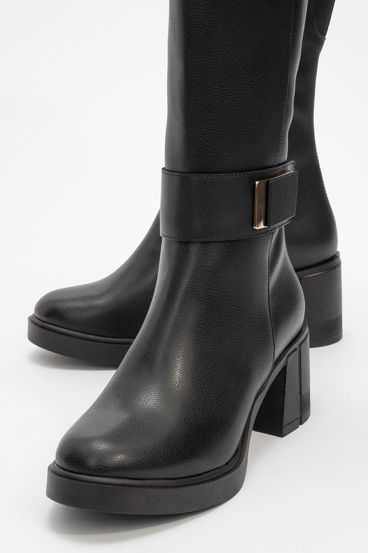 Moreni - Black Stretch Detail Buckle Block Heel Knee-High Boot (Women) - Image 3