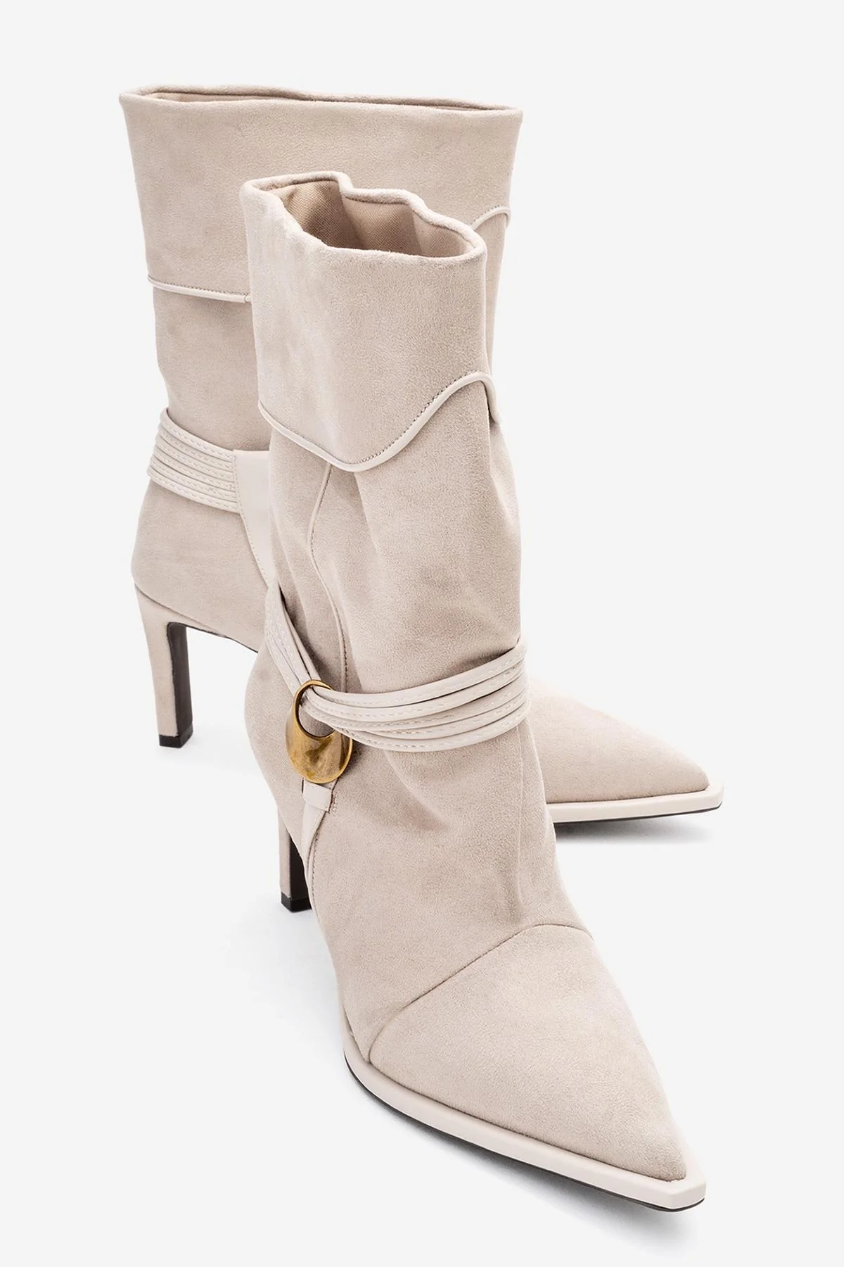 Myra - Beige Banded Buckle Heeled Ankle Boot (Women)