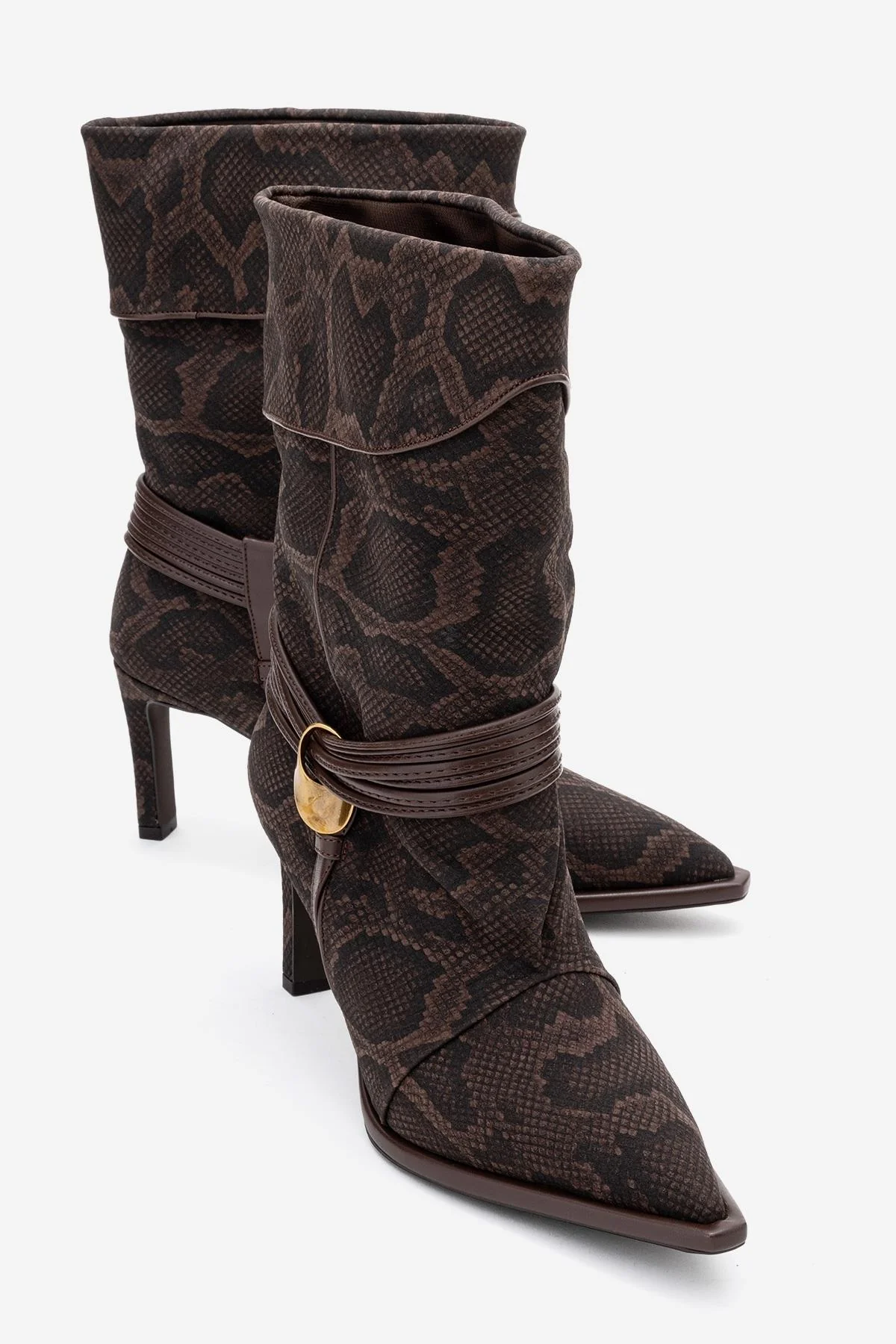 Myra - Brown Snake-Embossed Genuine Leather Banded Buckle Heeled Ankle Boot (Women)