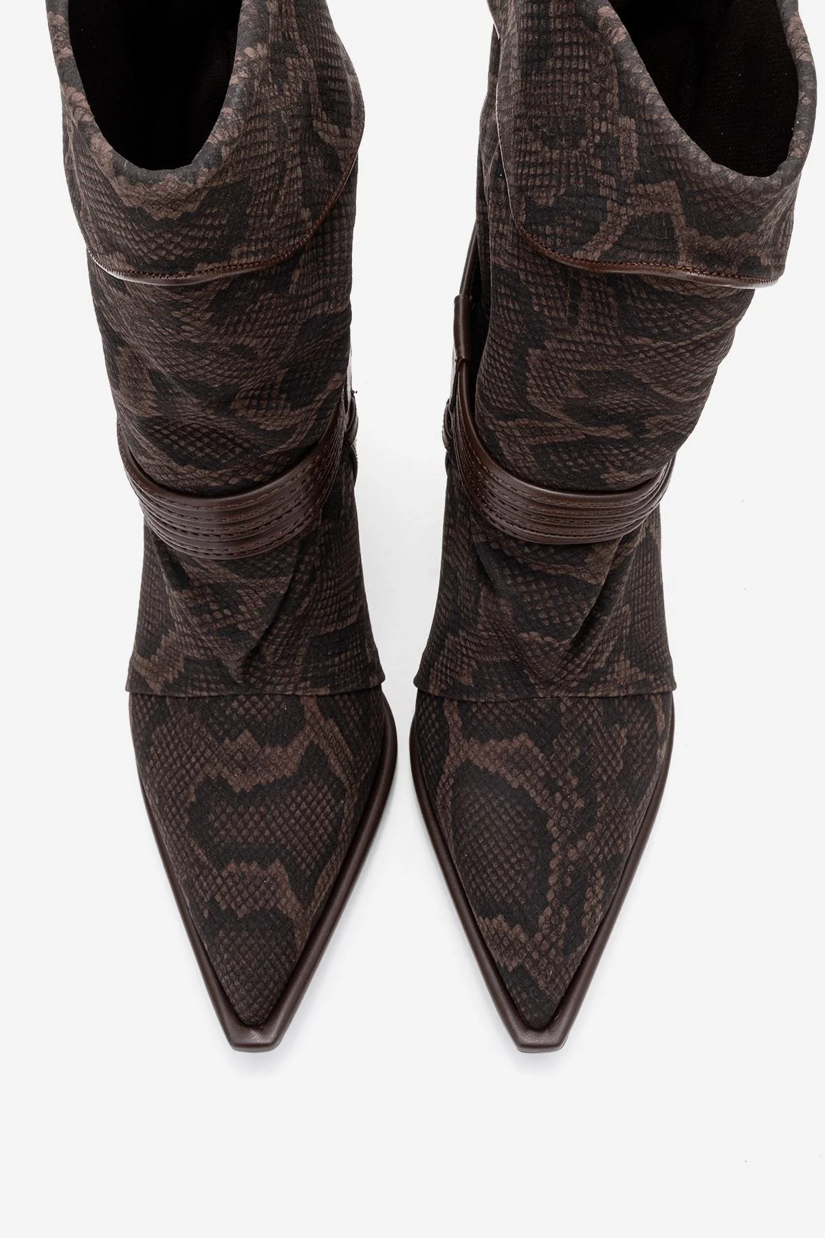 Myra - Brown Snake-Embossed Genuine Leather Banded Buckle Heeled Ankle Boot (Women) - Image 3