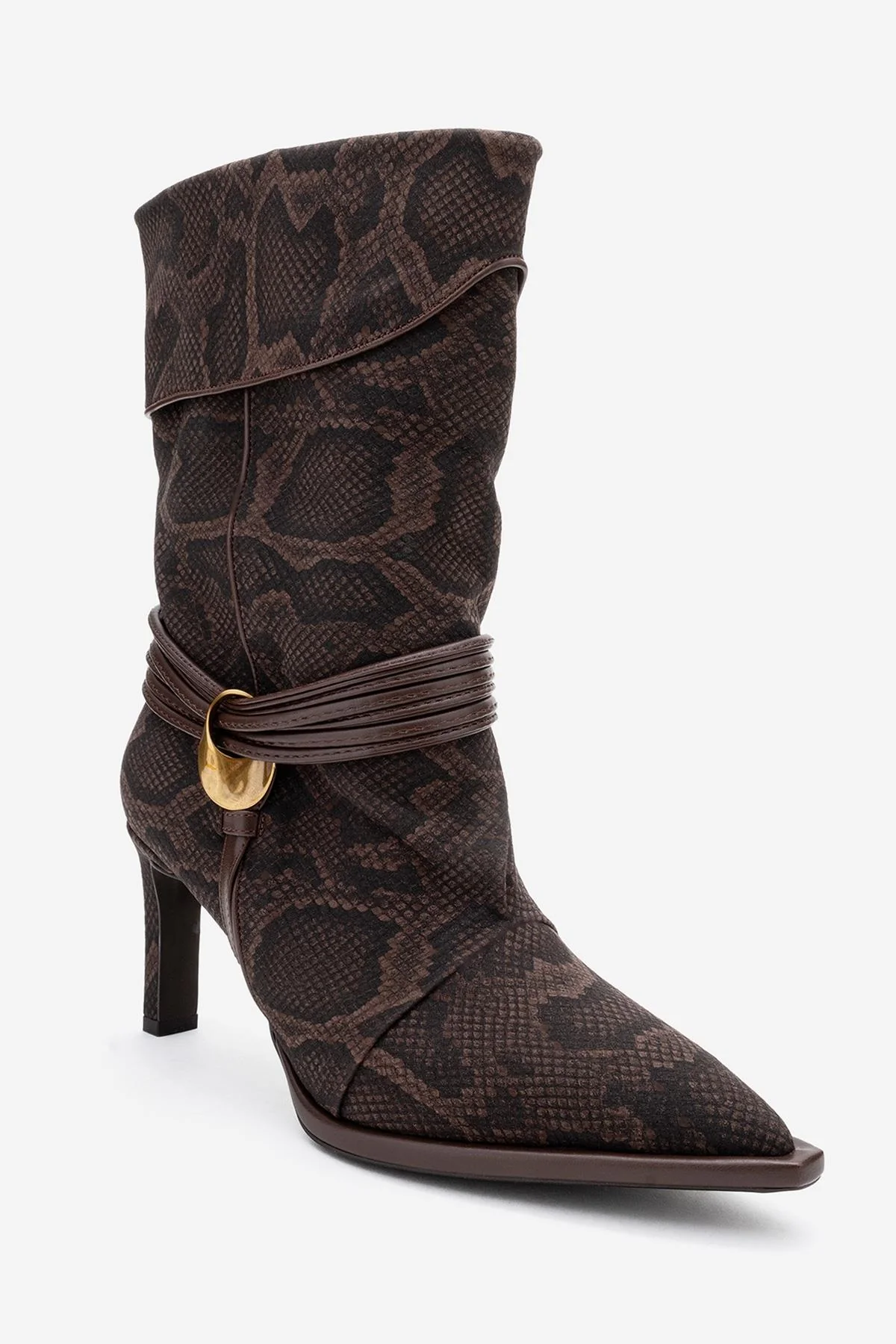 Myra - Brown Snake-Embossed Genuine Leather Banded Buckle Heeled Ankle Boot (Women) - Image 4