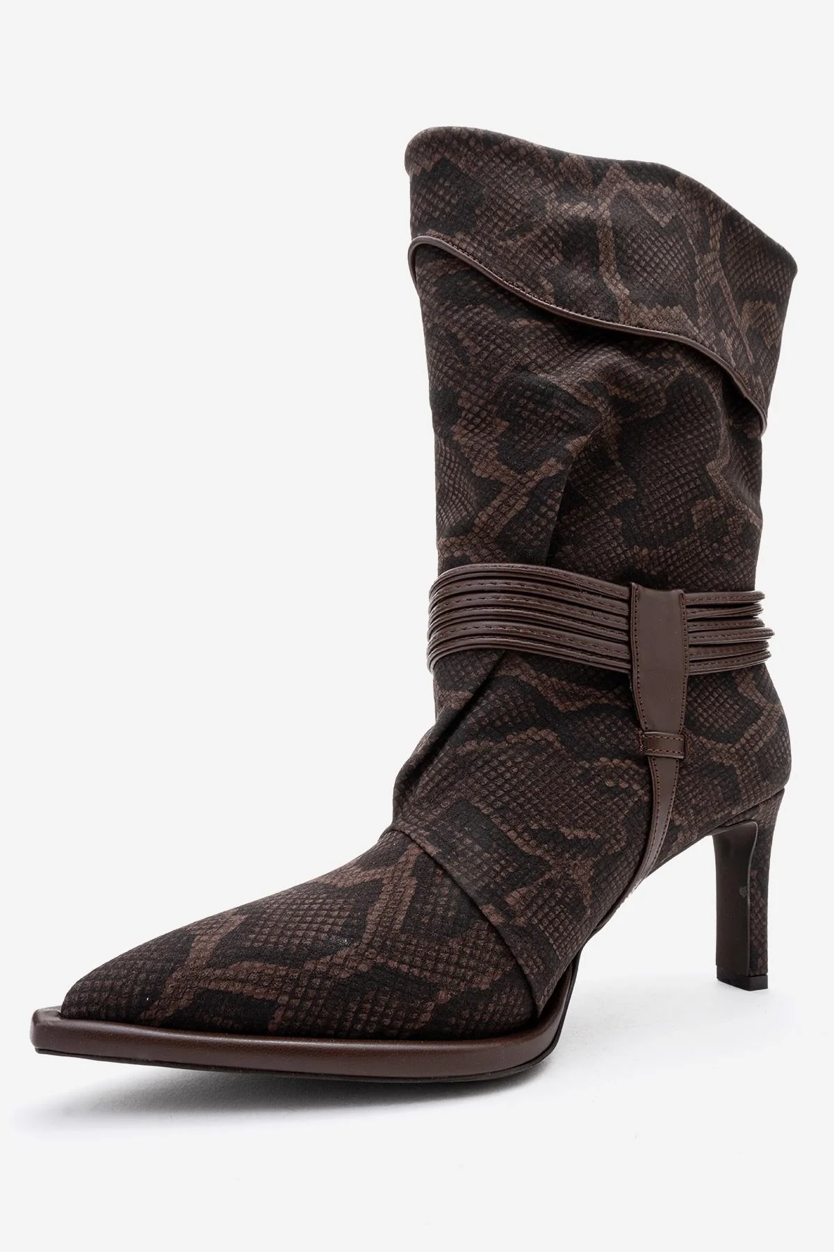 Myra - Brown Snake-Embossed Genuine Leather Banded Buckle Heeled Ankle Boot (Women) - Image 5