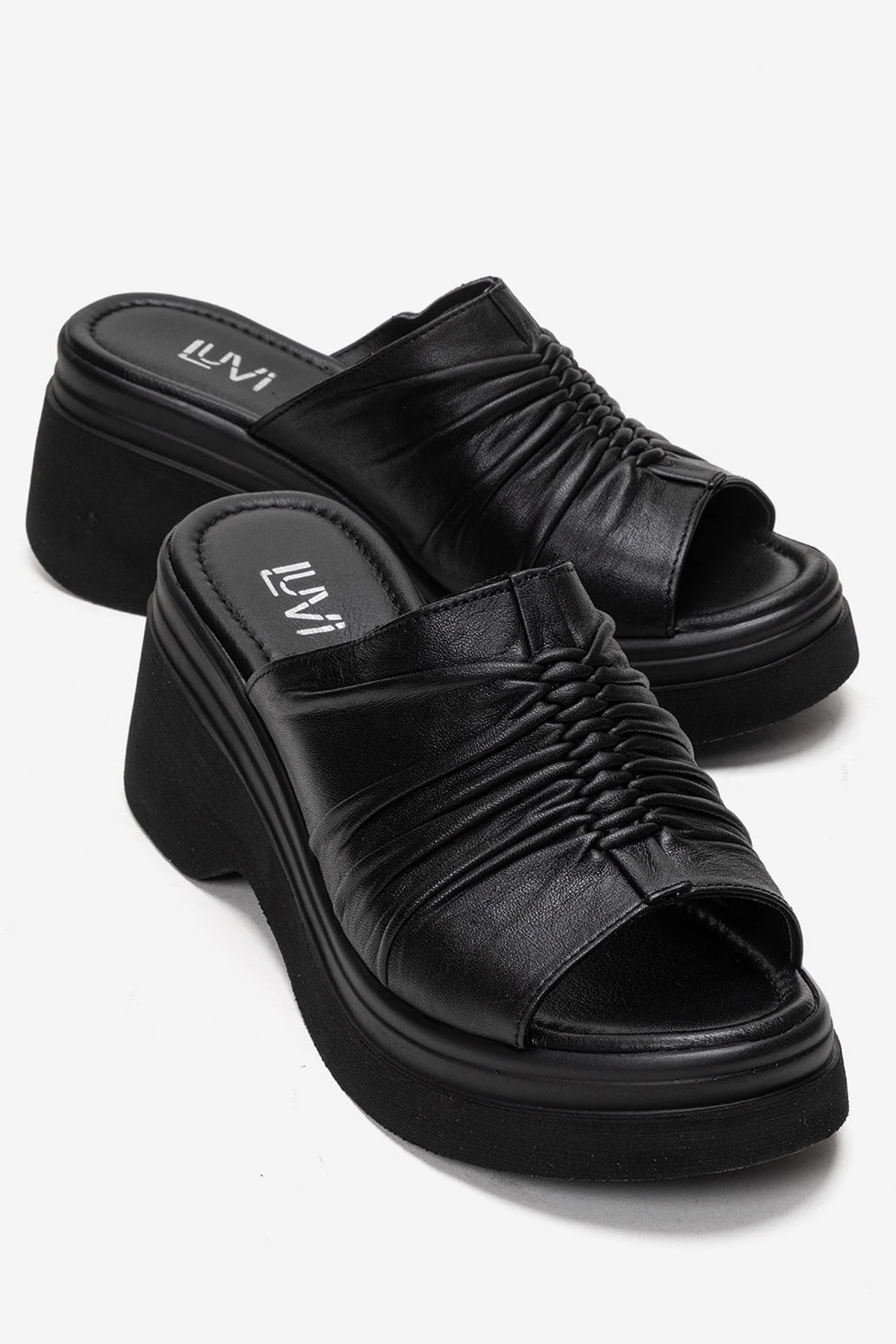 NELLIE - Black Genuine Leather Platform Wedge Slide (Women)