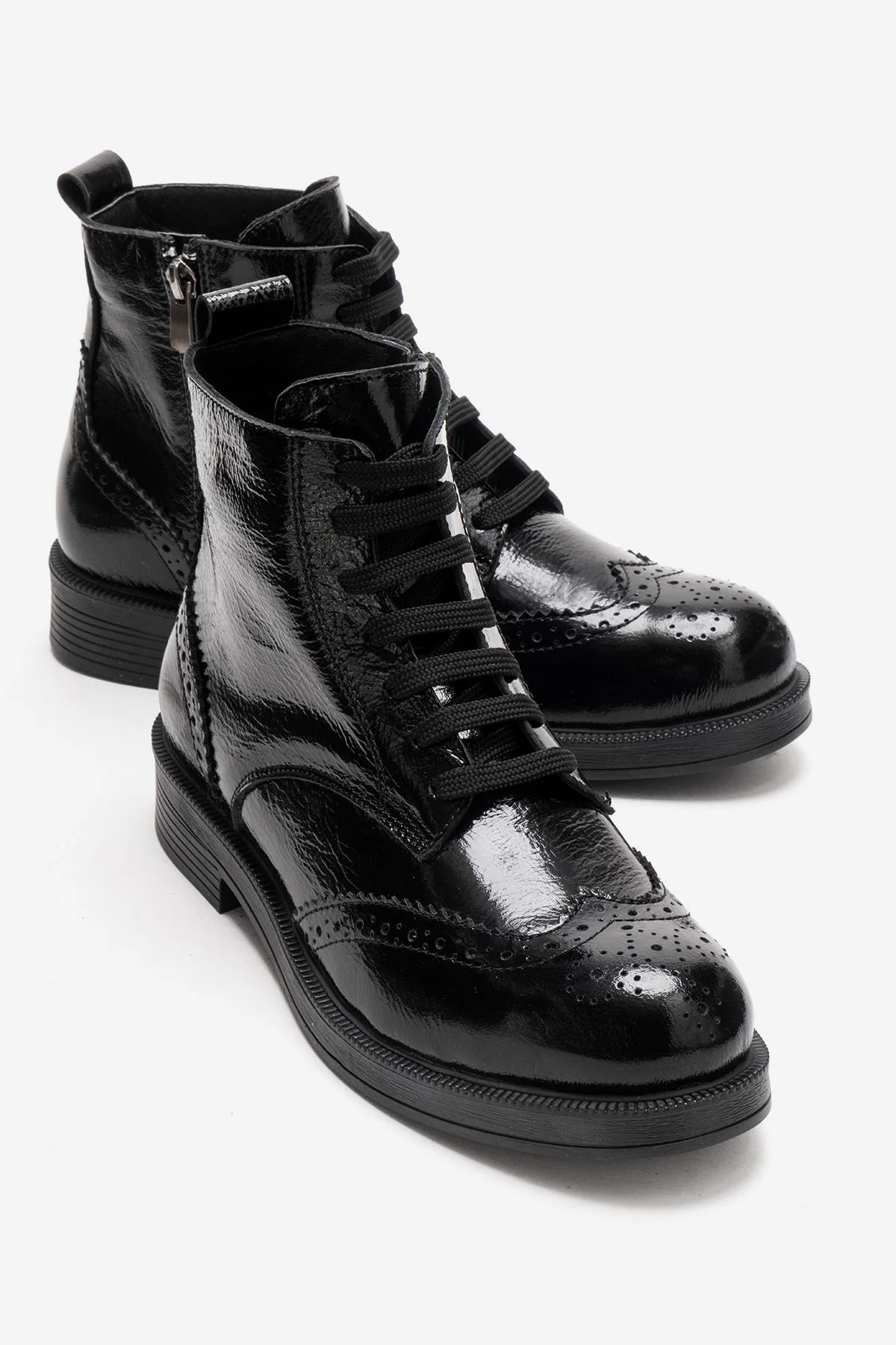 NELVY - Black Patent Genuine Leather Flat Boot (Women)