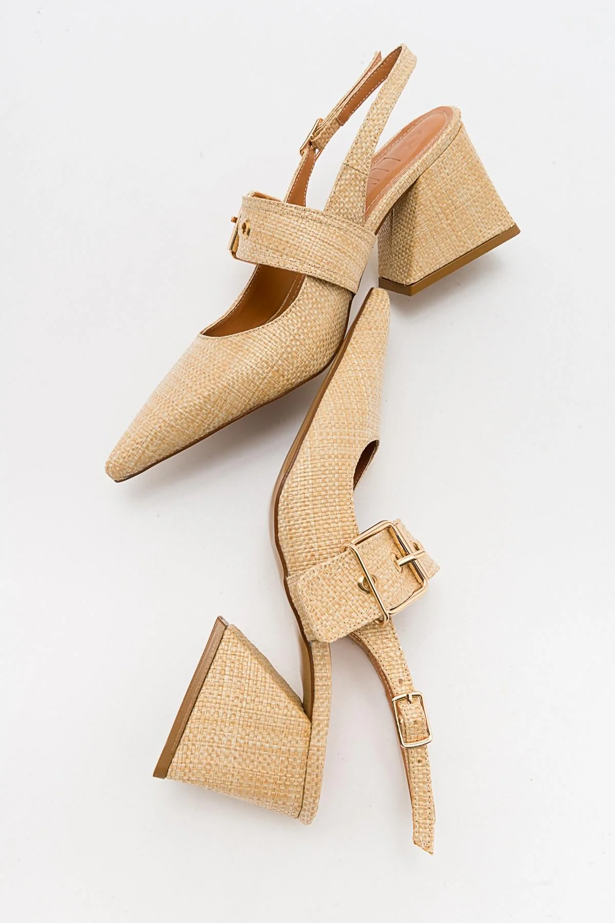 Nepido - Beige Woven Pointed Toe Open Back Chunky Heel Shoe (Women) - Image 2