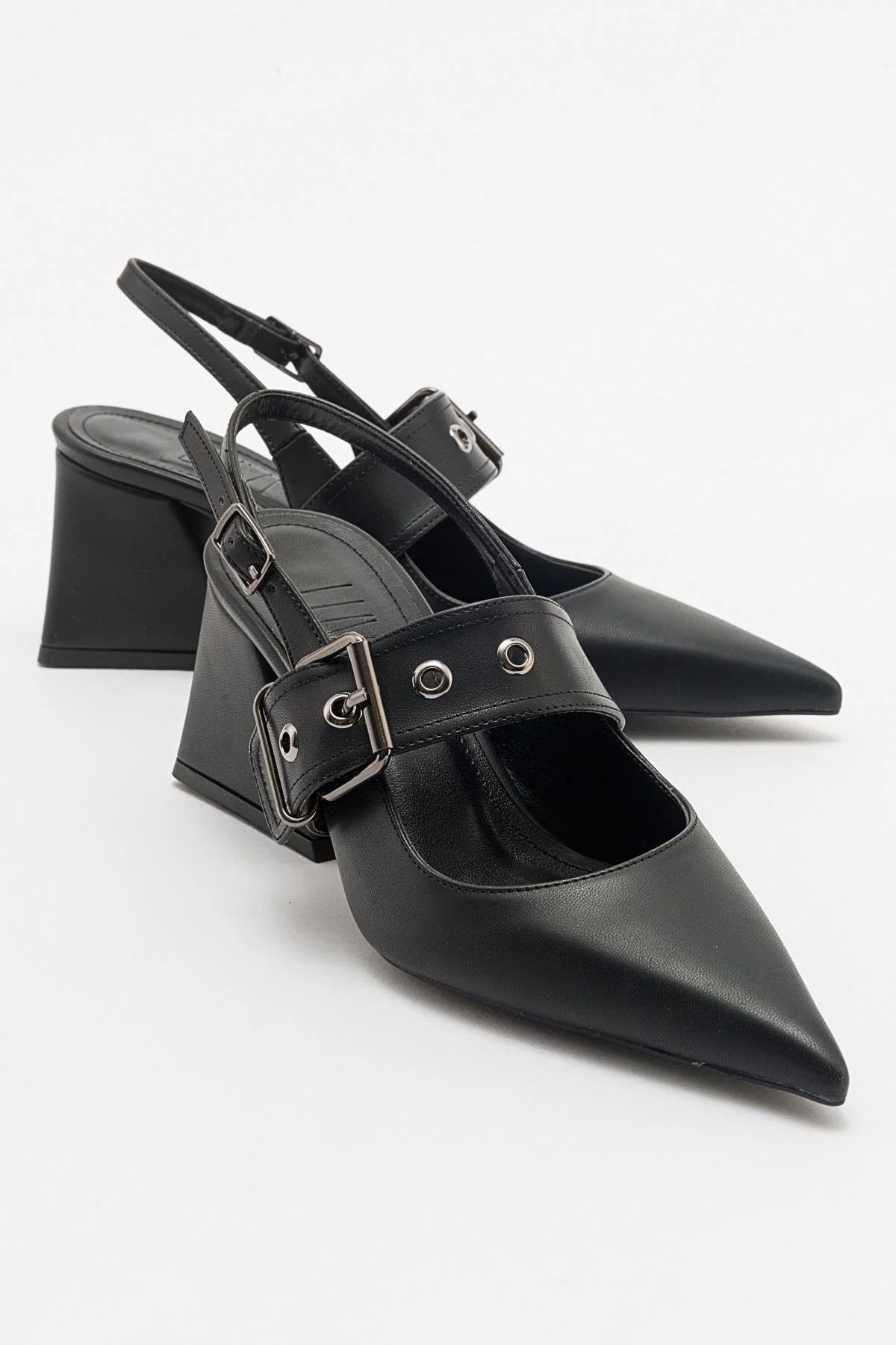 Nepido - Black Pointed Toe Open Back Chunky Heel Shoe (Women)