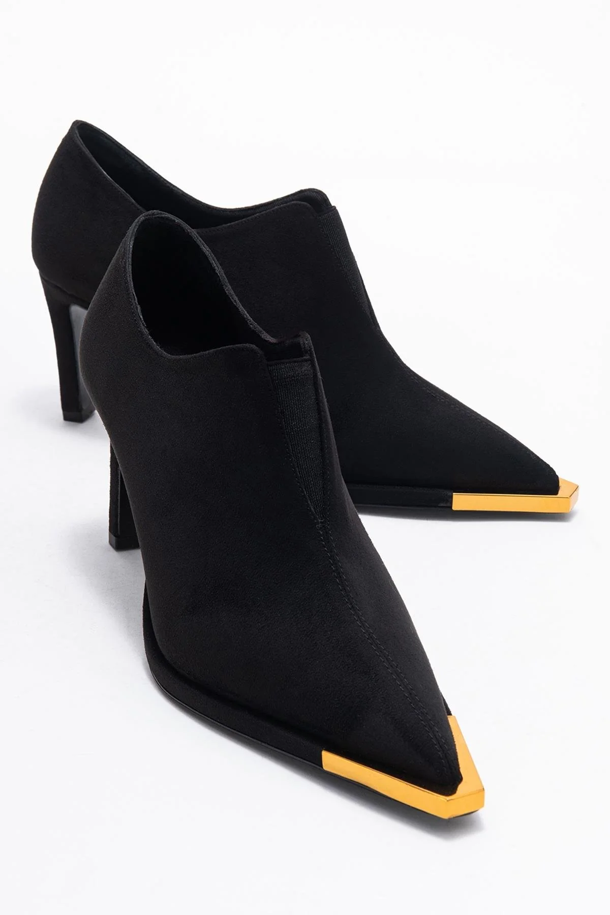 Niva - Black Suede Gold-Detail Elastic Ankle-Heeled Shoe (Women)