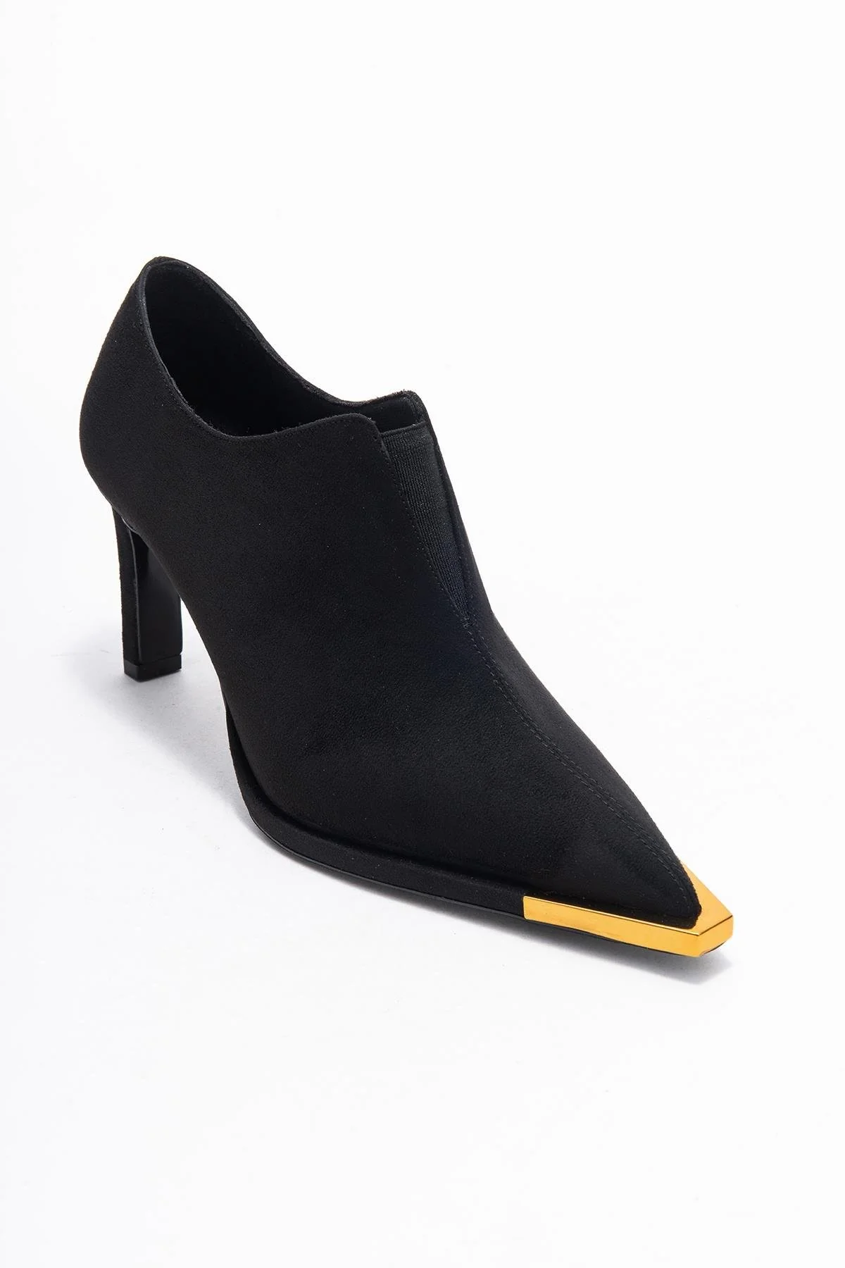 Niva - Black Suede Gold-Detail Elastic Ankle-Heeled Shoe (Women) - Image 3
