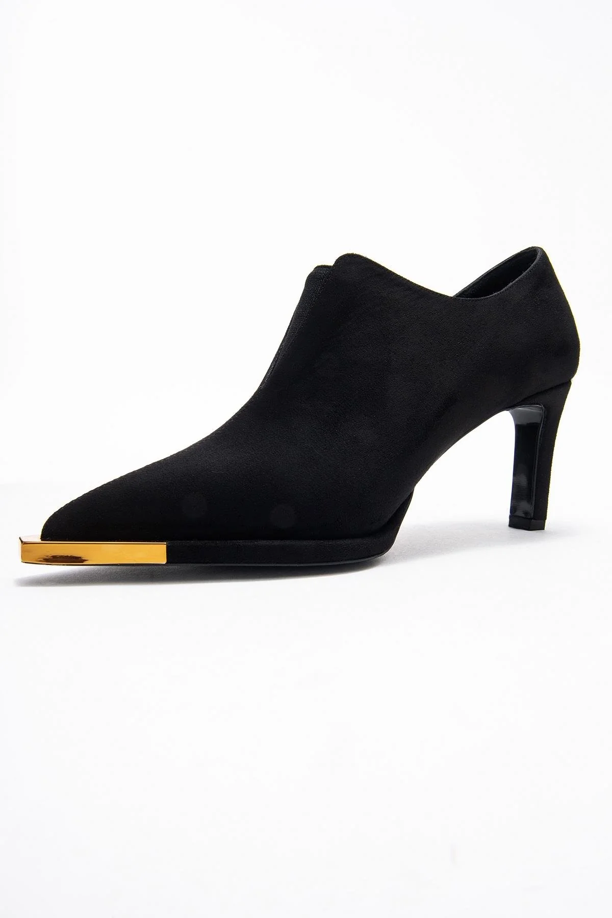 Niva - Black Suede Gold-Detail Elastic Ankle-Heeled Shoe (Women) - Image 4