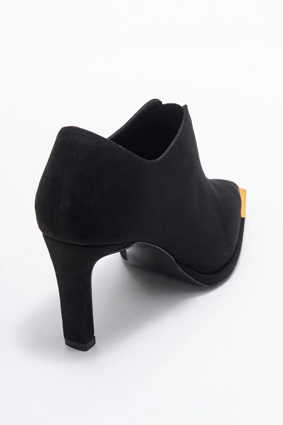 Niva - Black Suede Gold-Detail Elastic Ankle-Heeled Shoe (Women) - Image 5