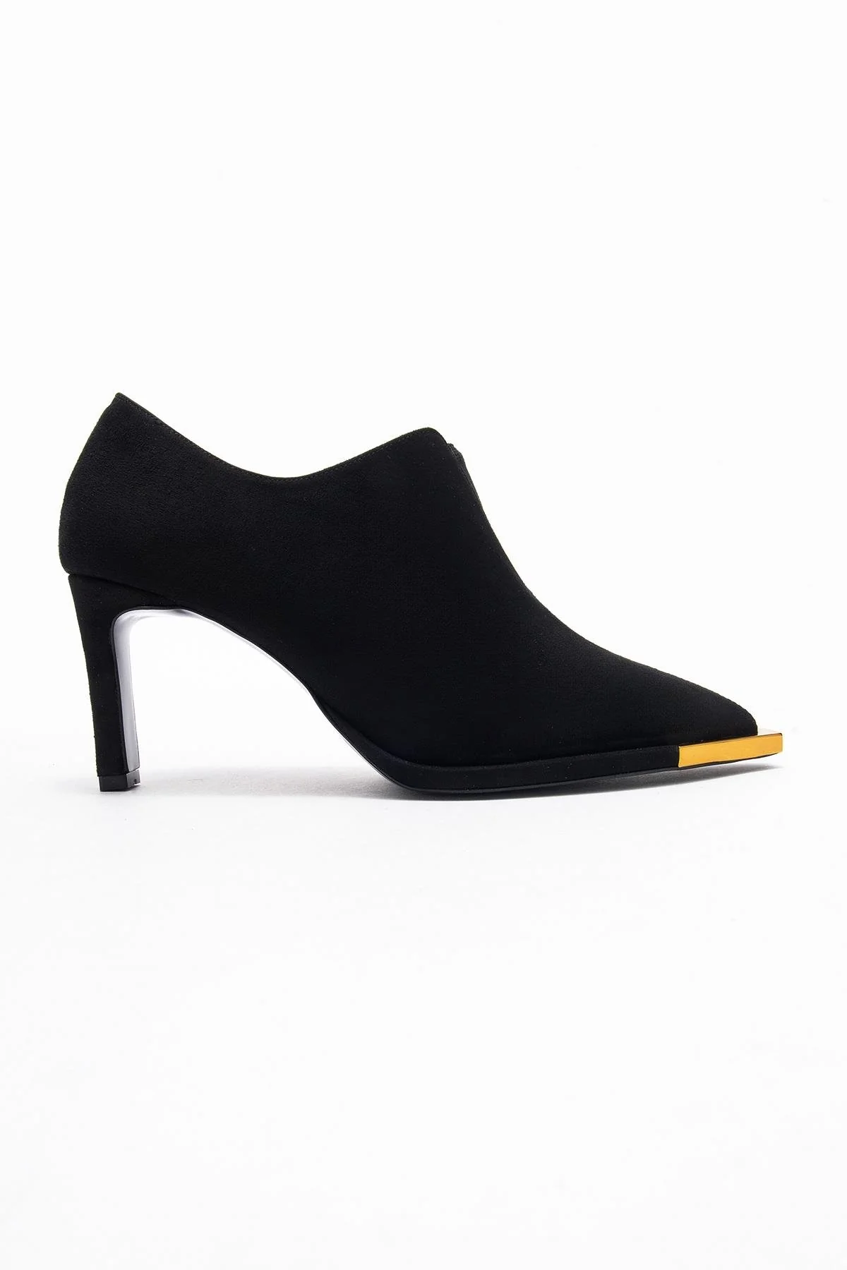 Niva - Black Suede Gold-Detail Elastic Ankle-Heeled Shoe (Women) - Image 6