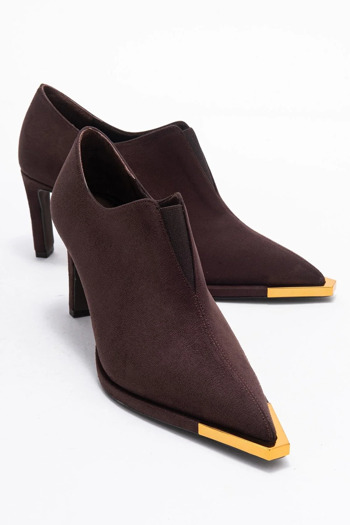 Niva - Brown Suede Gold-Detail Elastic Ankle-Heeled Shoe (Women)