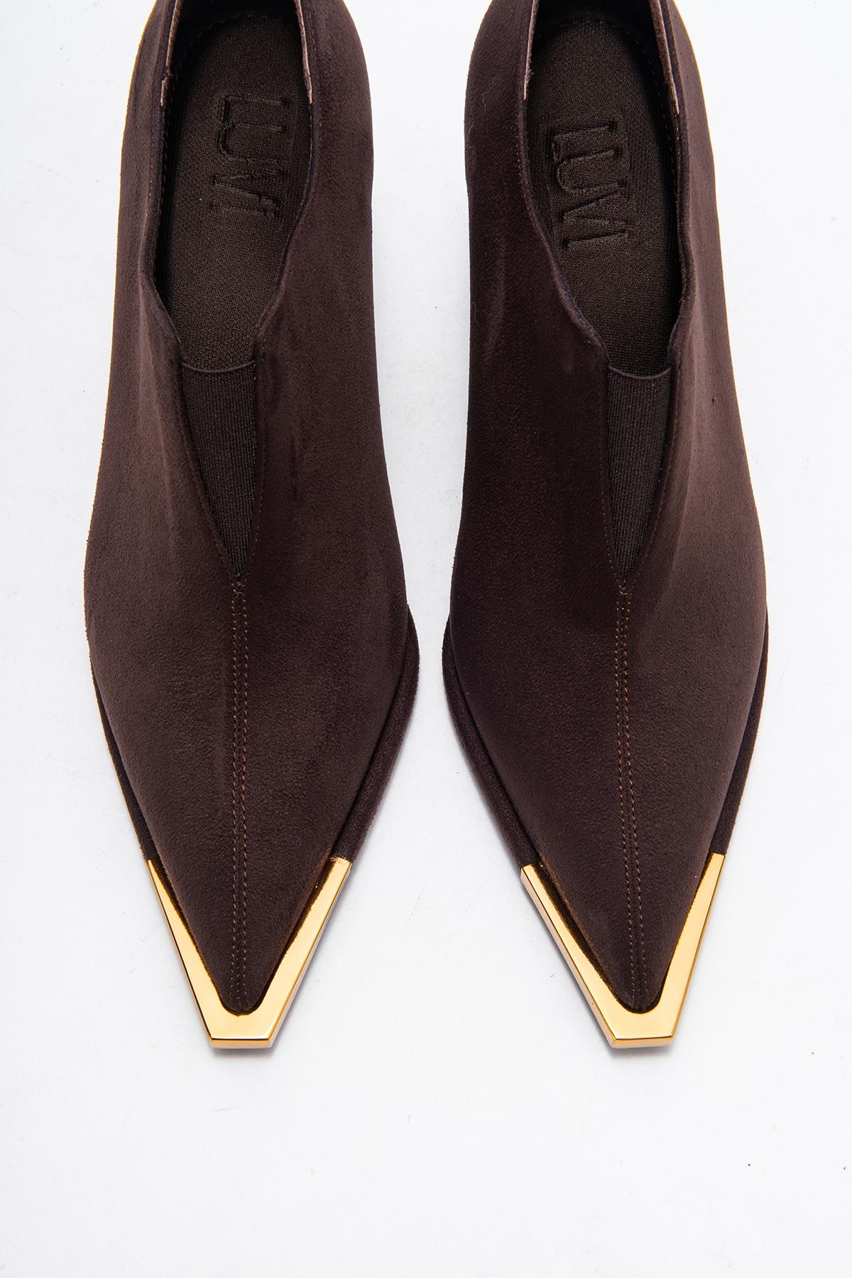 Niva - Brown Suede Gold-Detail Elastic Ankle-Heeled Shoe (Women) - Image 2