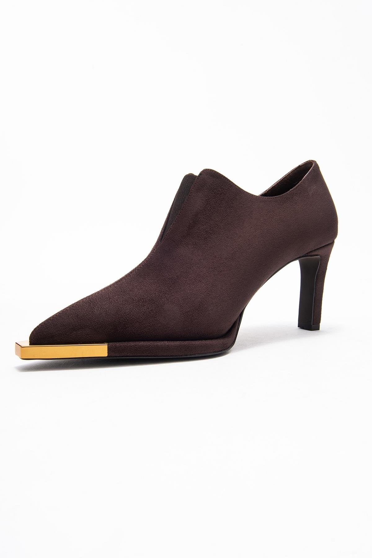 Niva - Brown Suede Gold-Detail Elastic Ankle-Heeled Shoe (Women) - Image 4