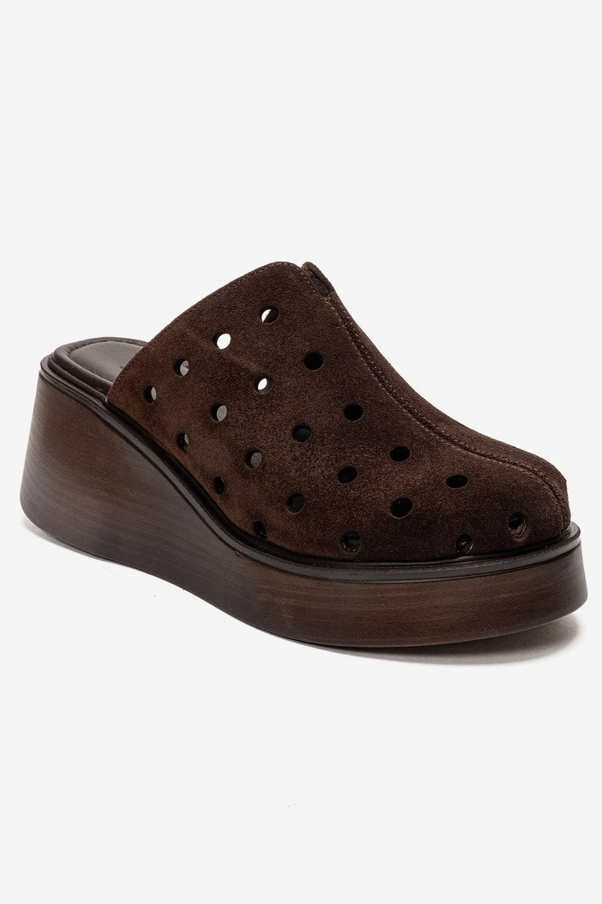 NIVES - Cognac Genuine Suede Leather Perforated Wedge Slide (Women) - Image 3