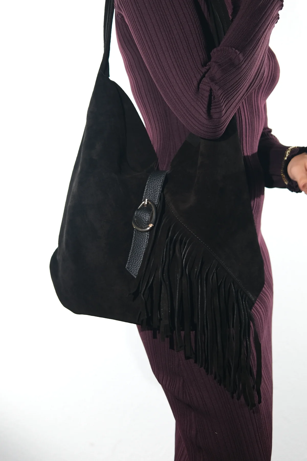 NOCHE - Black Genuine Suede Leather Tassel Shoulder Bag (Women)