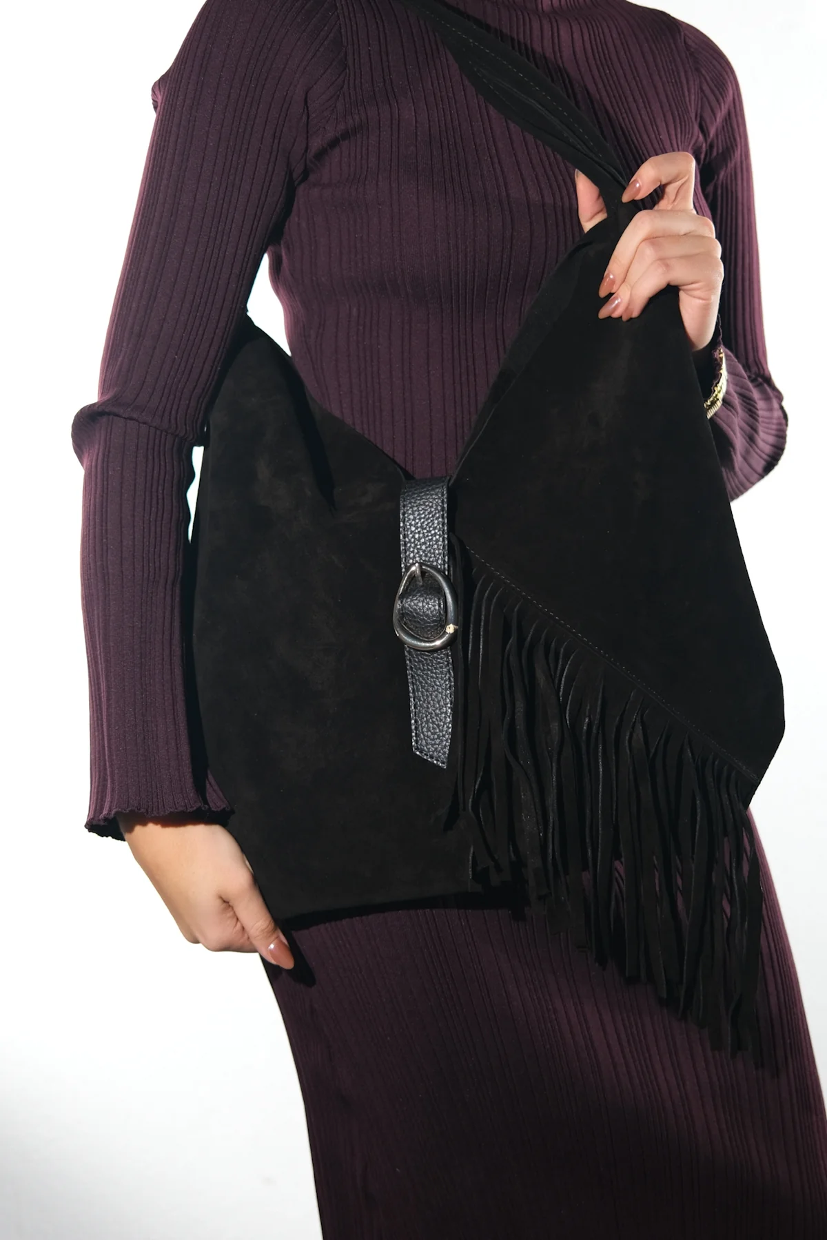NOCHE - Black Genuine Suede Leather Tassel Shoulder Bag (Women) - Image 5