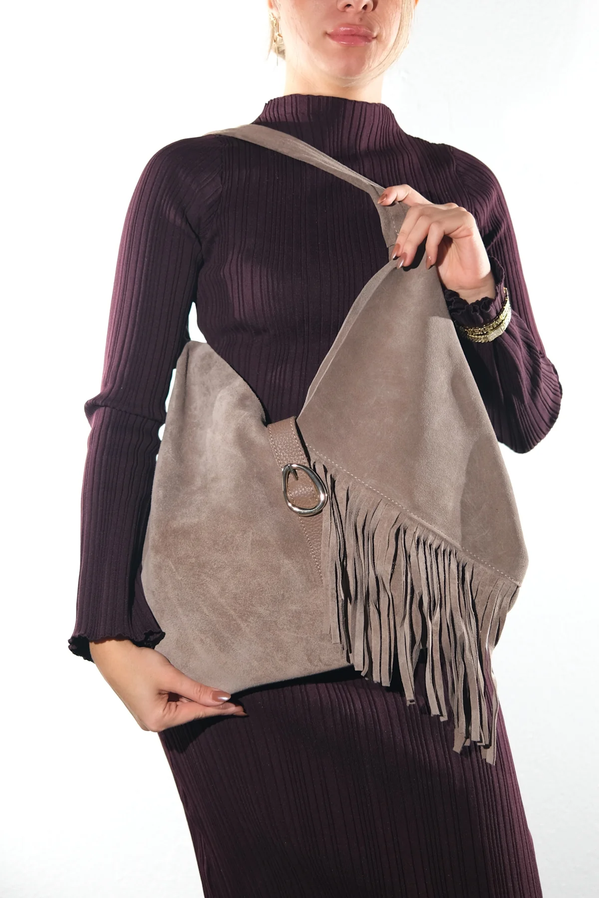 NOCHE - Taupe Genuine Suede Leather Tassel Shoulder Bag (Women)