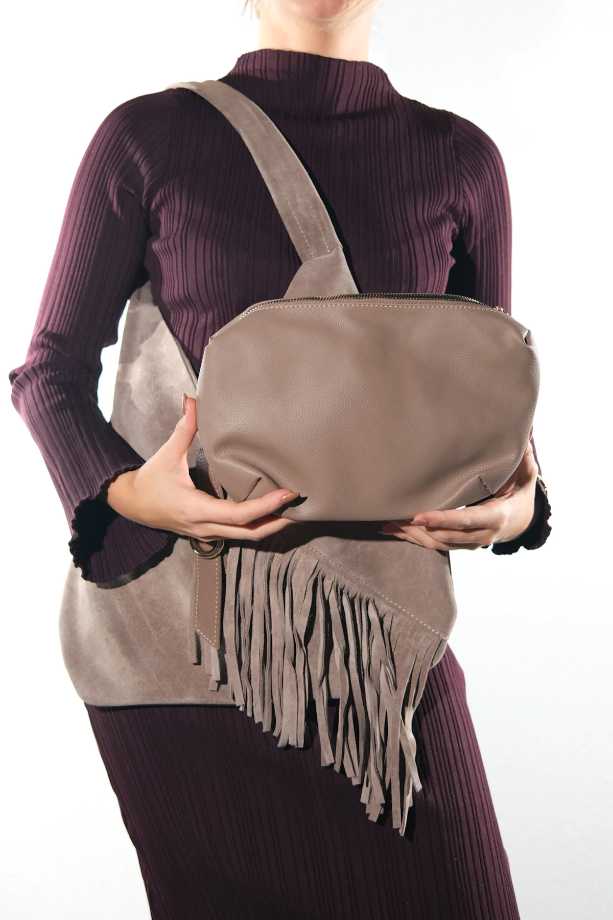 NOCHE - Taupe Genuine Suede Leather Tassel Shoulder Bag (Women) - Image 2