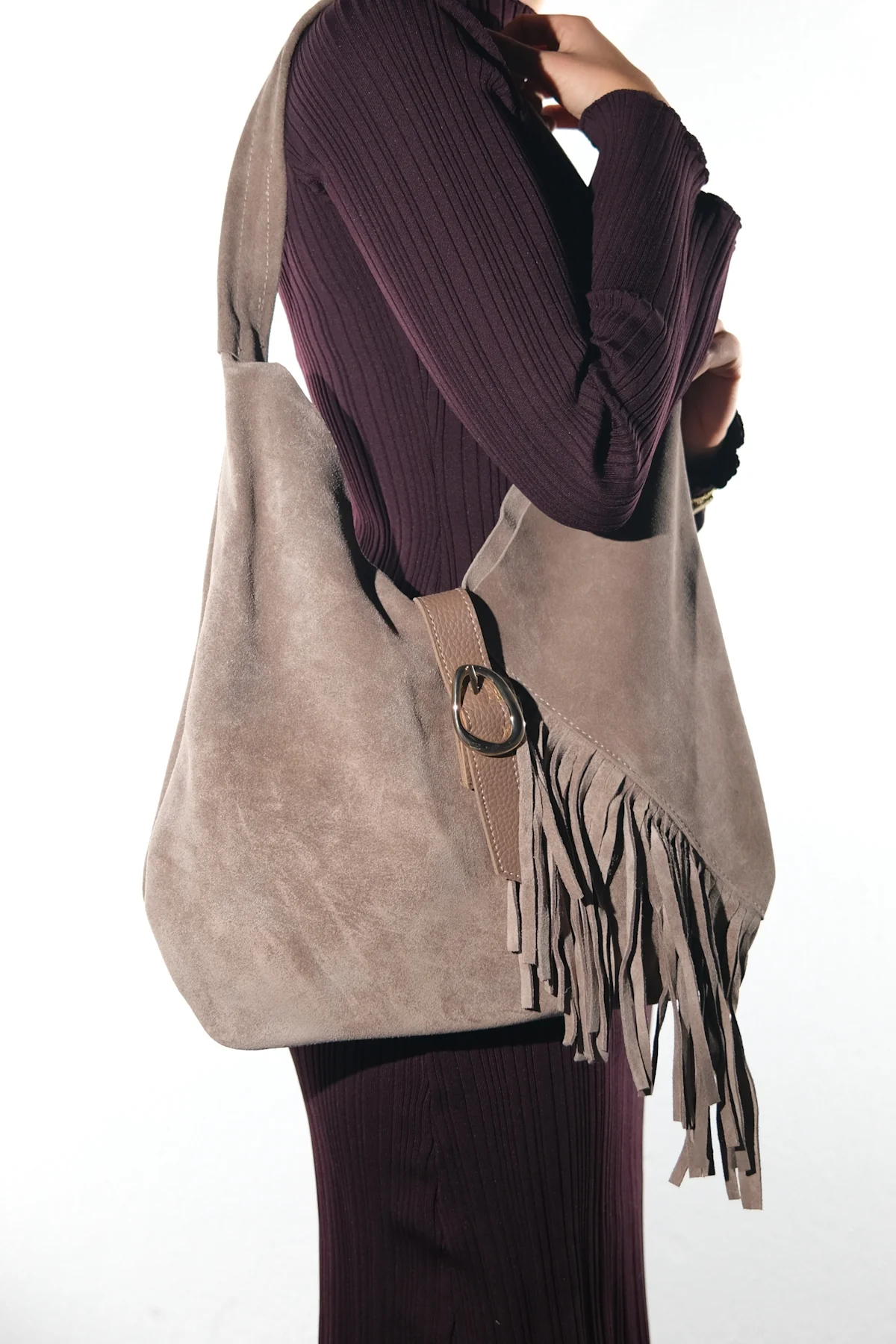 NOCHE - Taupe Genuine Suede Leather Tassel Shoulder Bag (Women) - Image 3