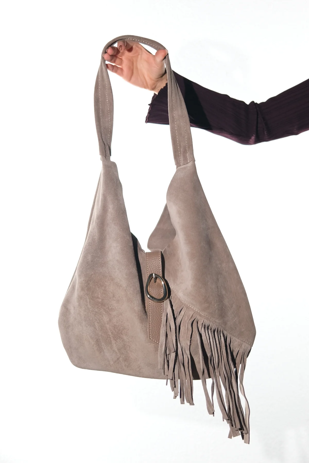 NOCHE - Taupe Genuine Suede Leather Tassel Shoulder Bag (Women) - Image 4