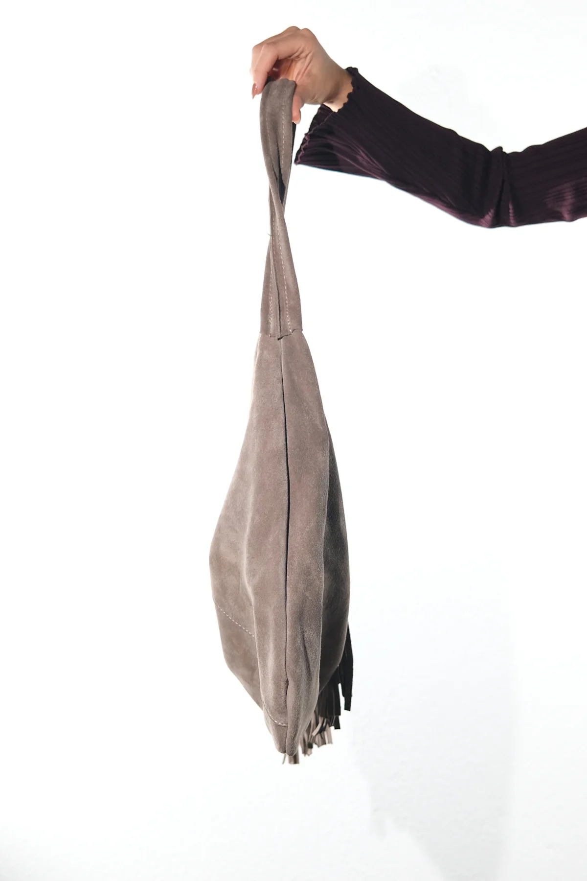NOCHE - Taupe Genuine Suede Leather Tassel Shoulder Bag (Women) - Image 5