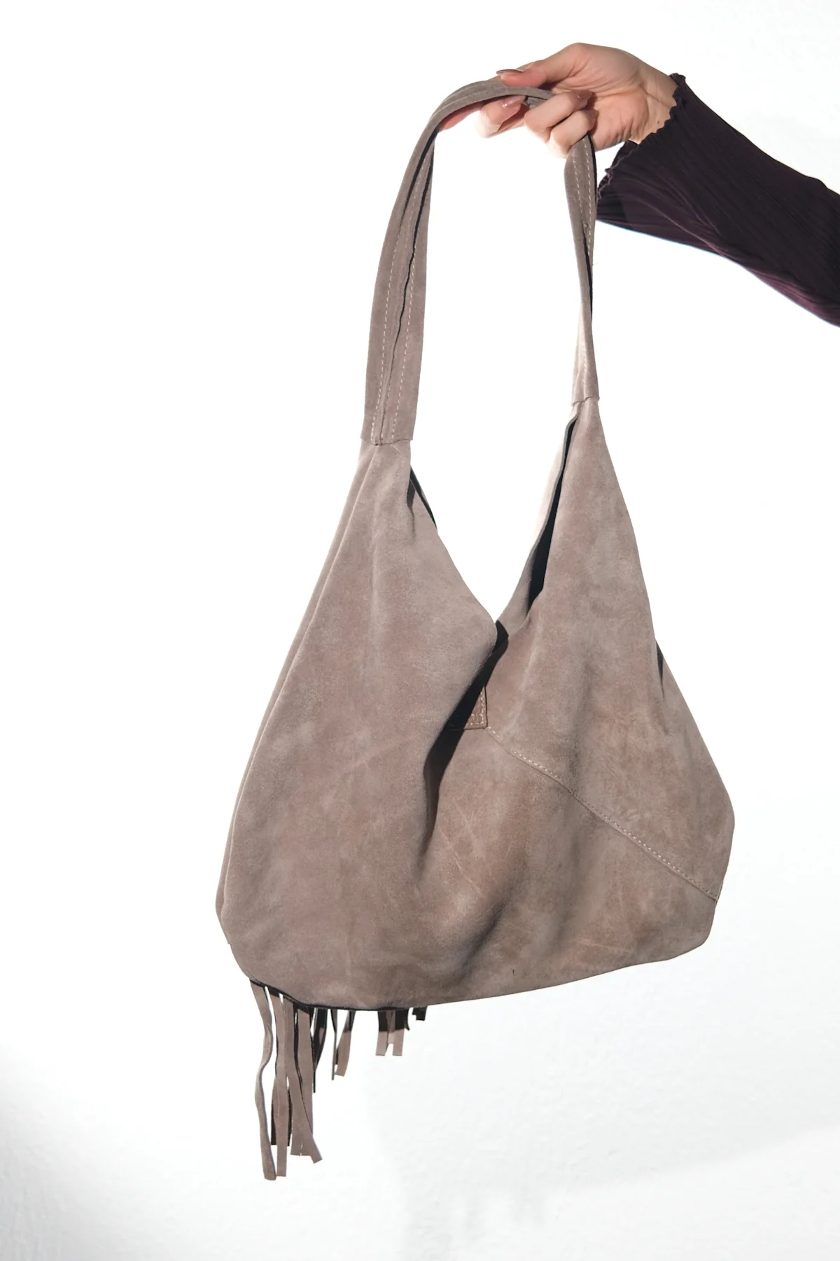 NOCHE - Taupe Genuine Suede Leather Tassel Shoulder Bag (Women) - Image 6