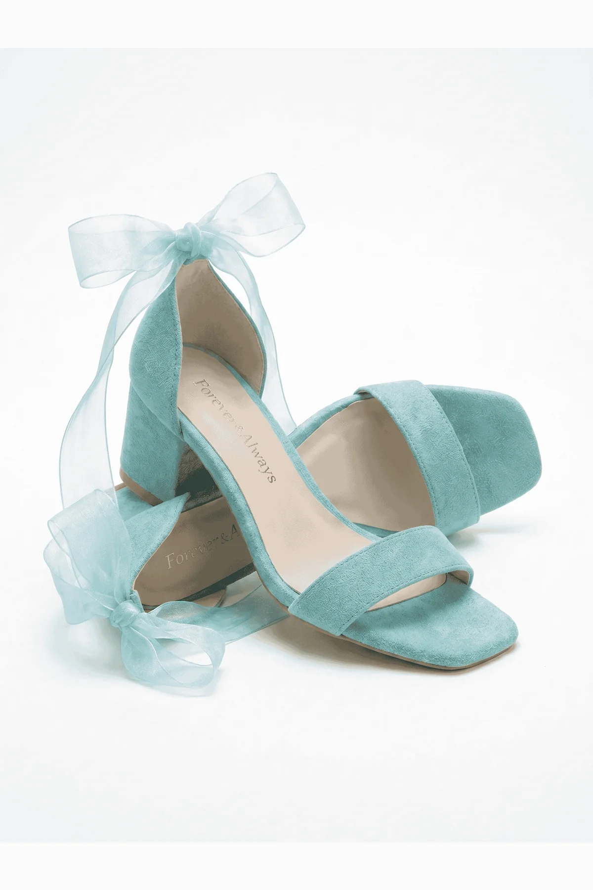 Rova Aqua Blue Suede Organza Ribbon Ankle Strap Block Heel Sandal - Image 4