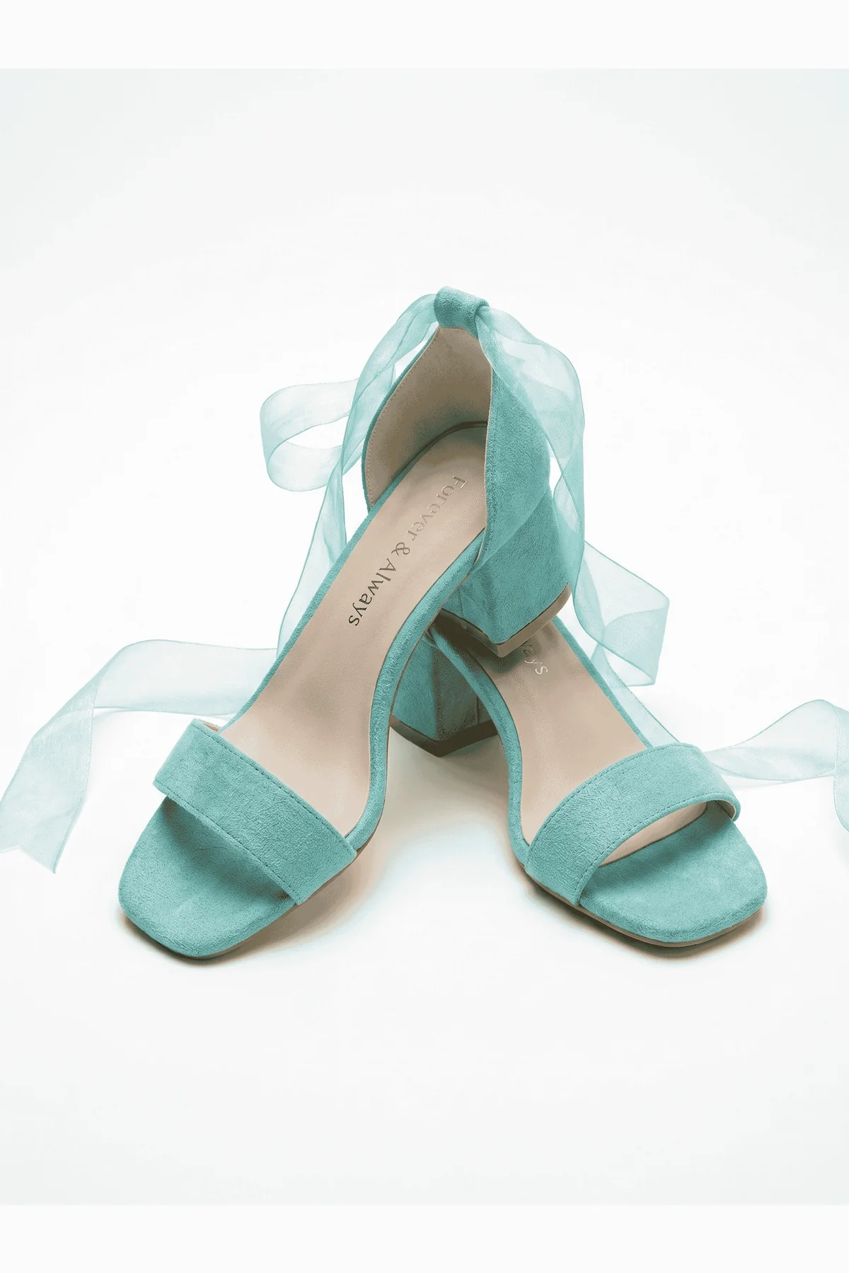 Rova Aqua Blue Suede Organza Ribbon Ankle Strap Block Heel Sandal - Image 5