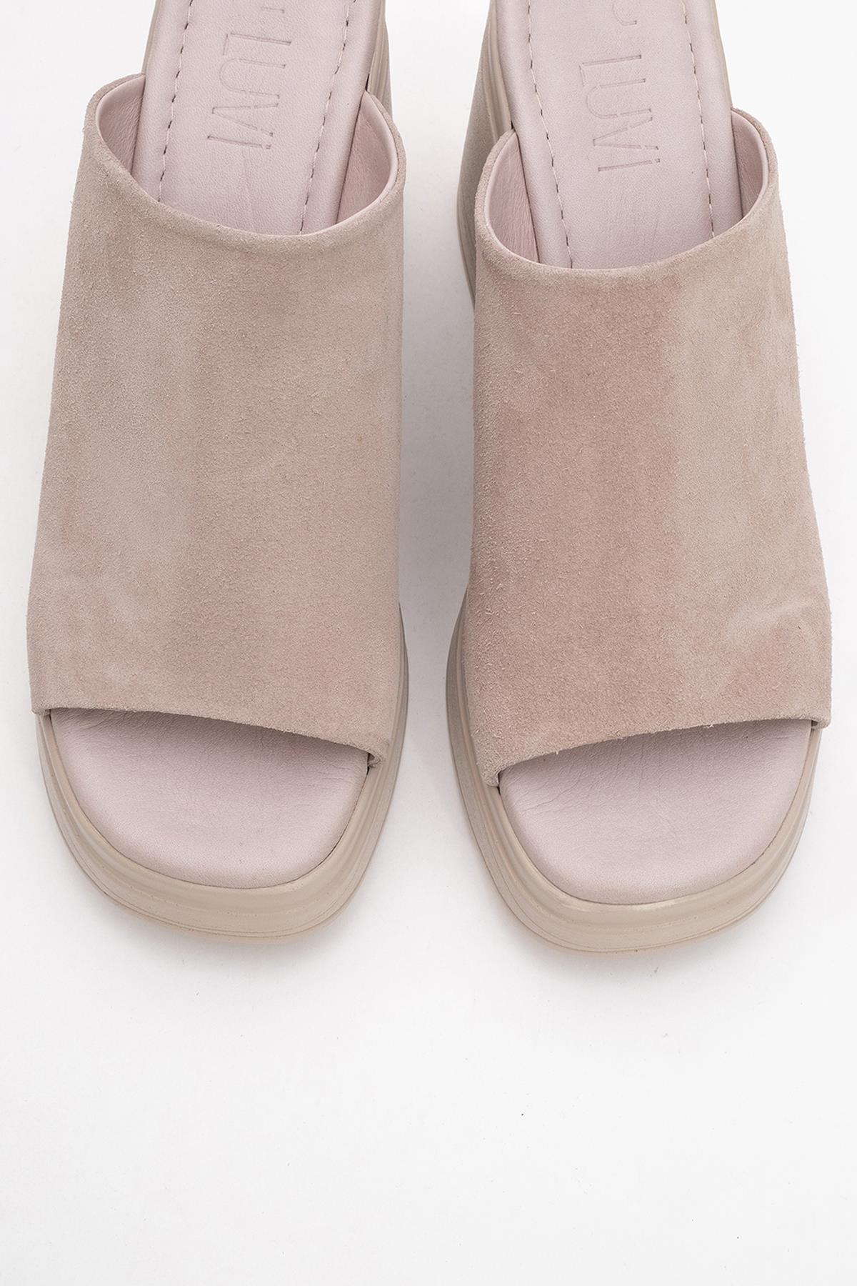 Nola - Dark Beige Suede Leather Heeled Mules - Image 2