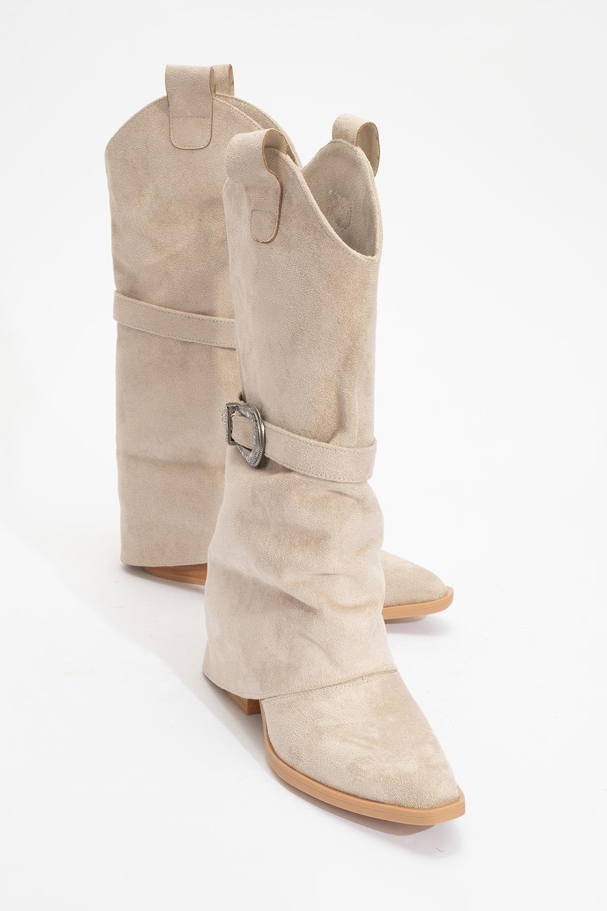 Okus - Beige Buckle Block Heel Ankle Boot (Women)