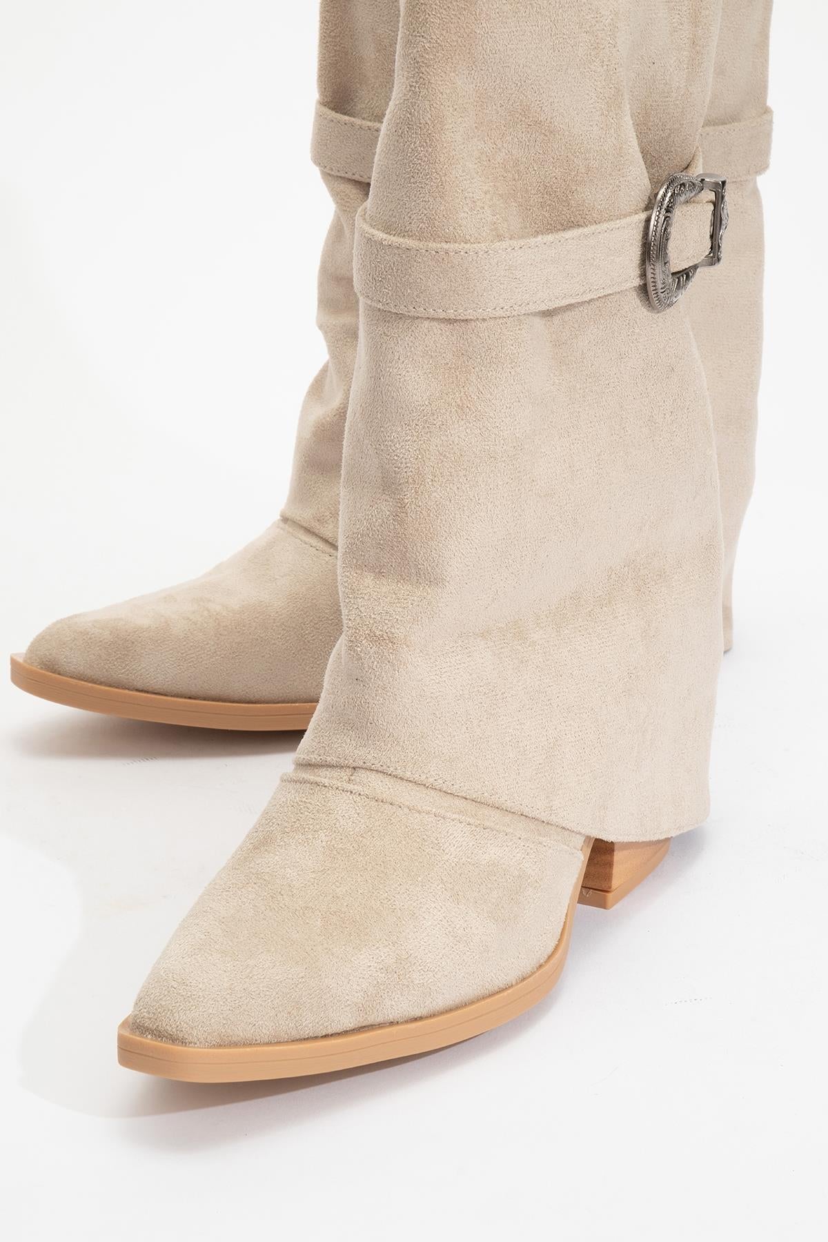 Okus - Beige Buckle Block Heel Ankle Boot (Women) - Image 3