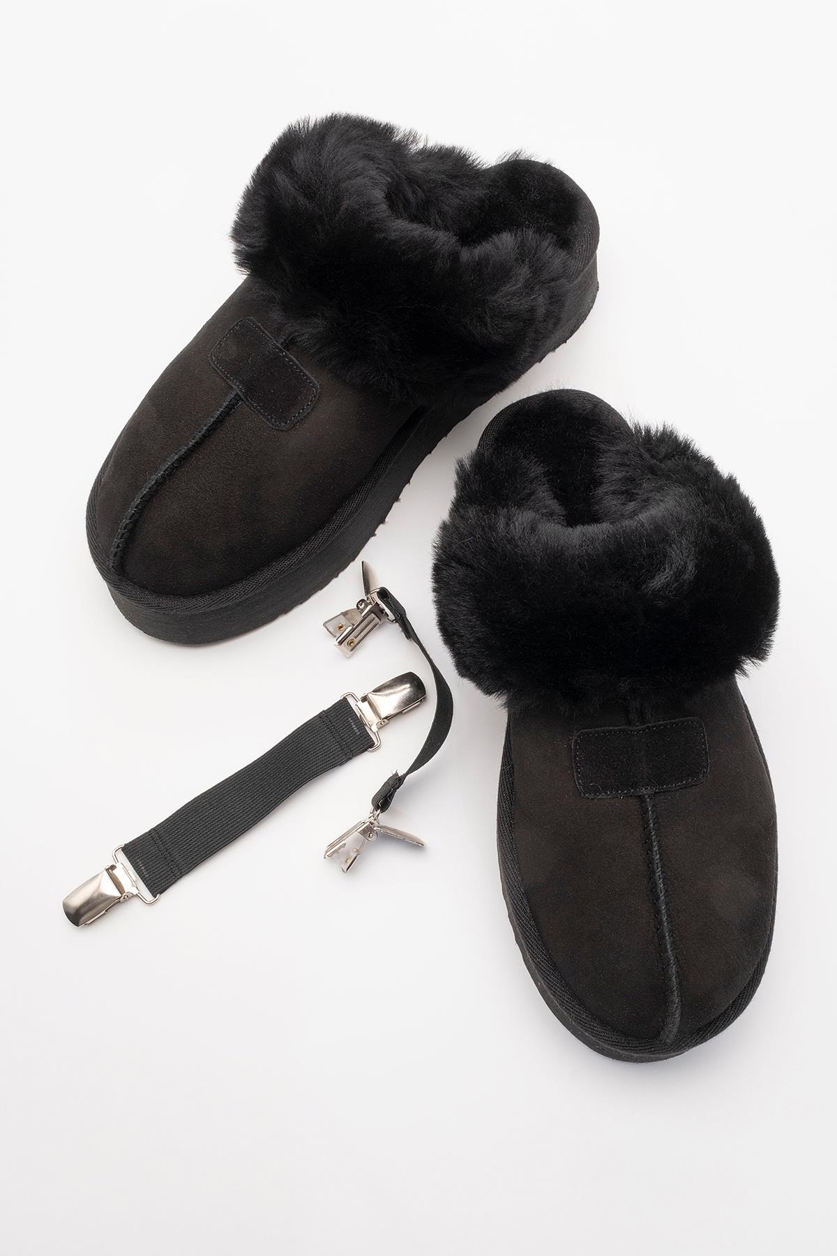 Olessa - Black Genuine Leather Suede Fur-Lined Slipper (Women) - Image 2