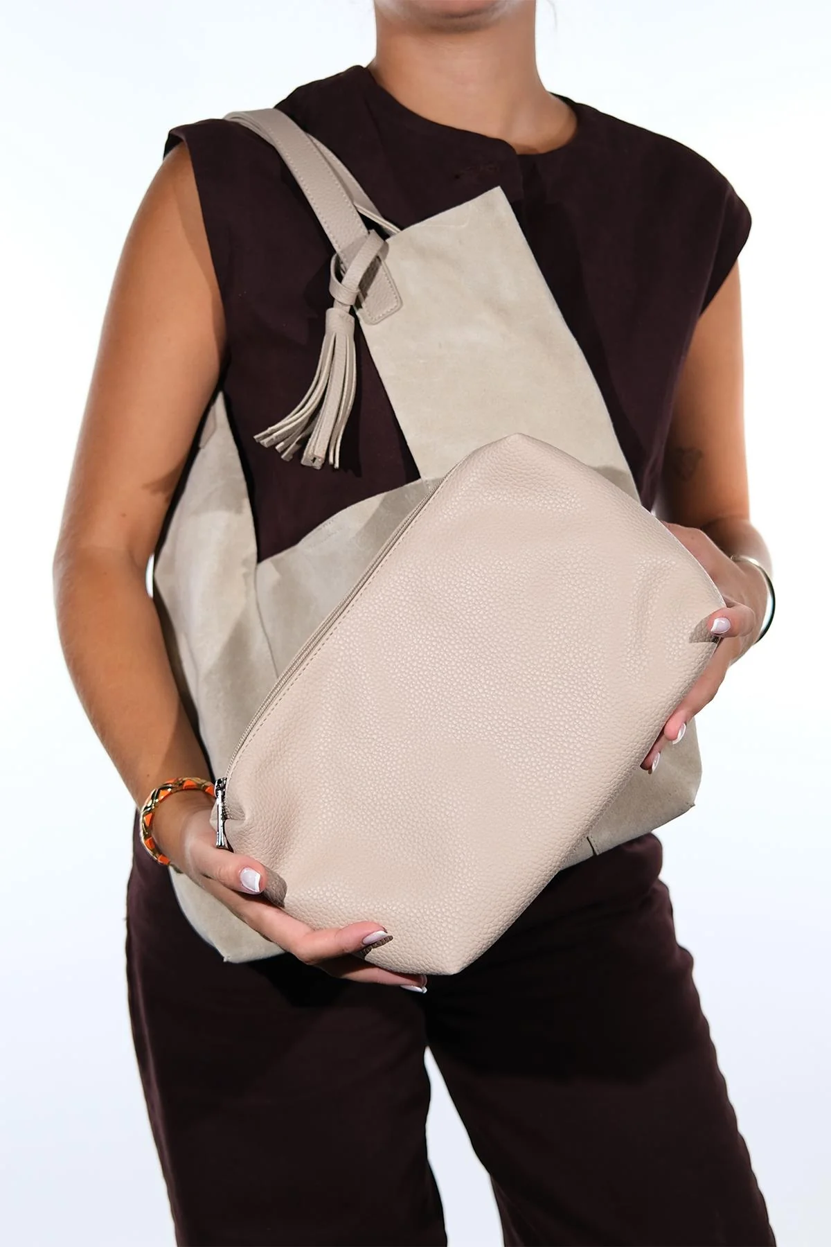 Orlitha - Beige Genuine Suede Leather Shoulder Bag (Women) - Image 3