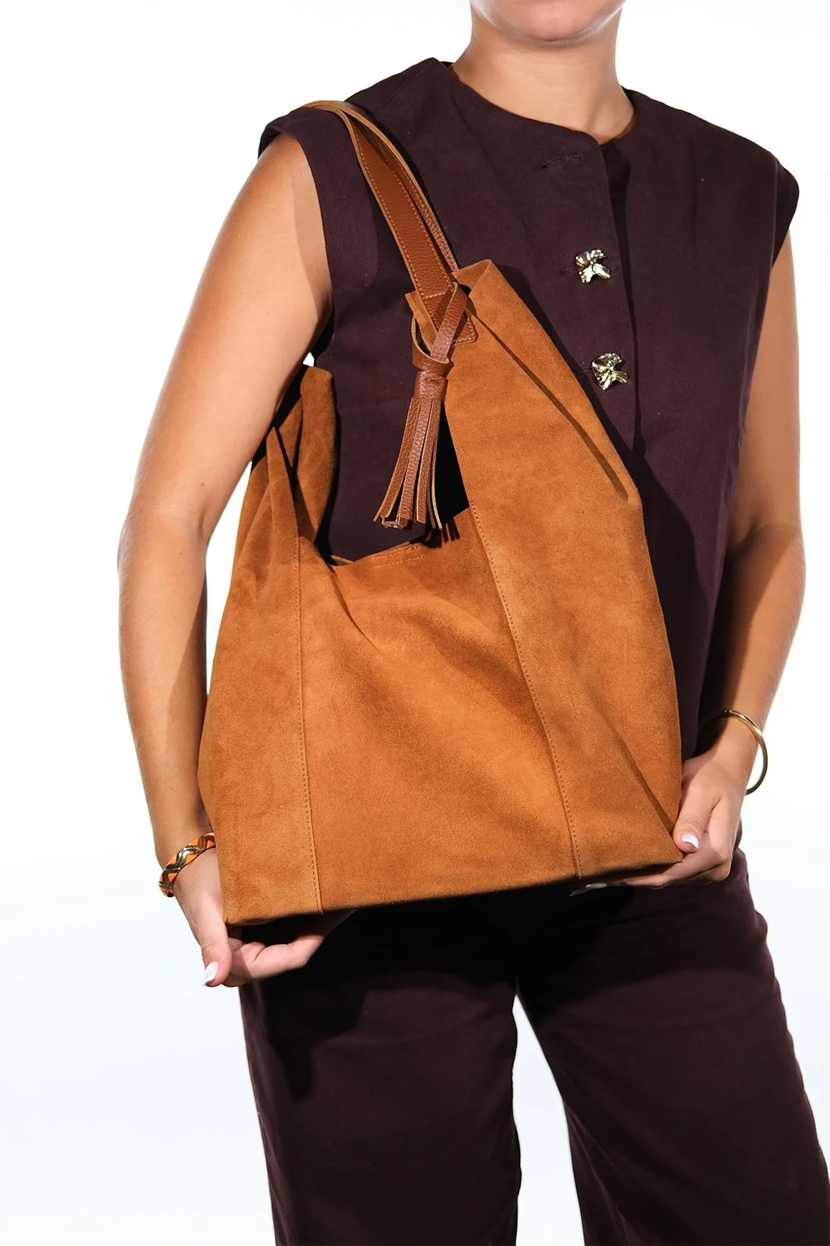 ORLITHA - Cognac Genuine Suede Leather Shoulder Bag (Women)