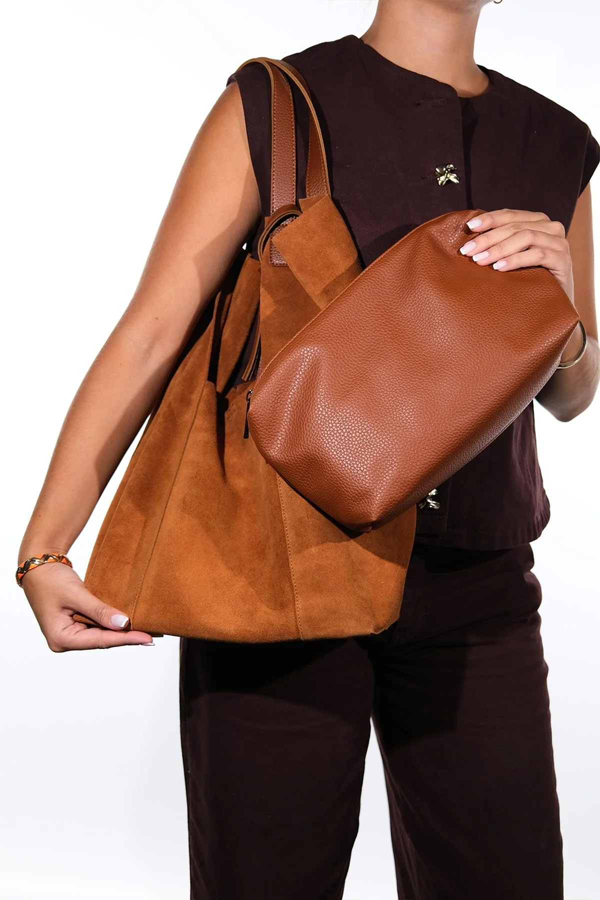 ORLITHA - Cognac Genuine Suede Leather Shoulder Bag (Women) - Image 2