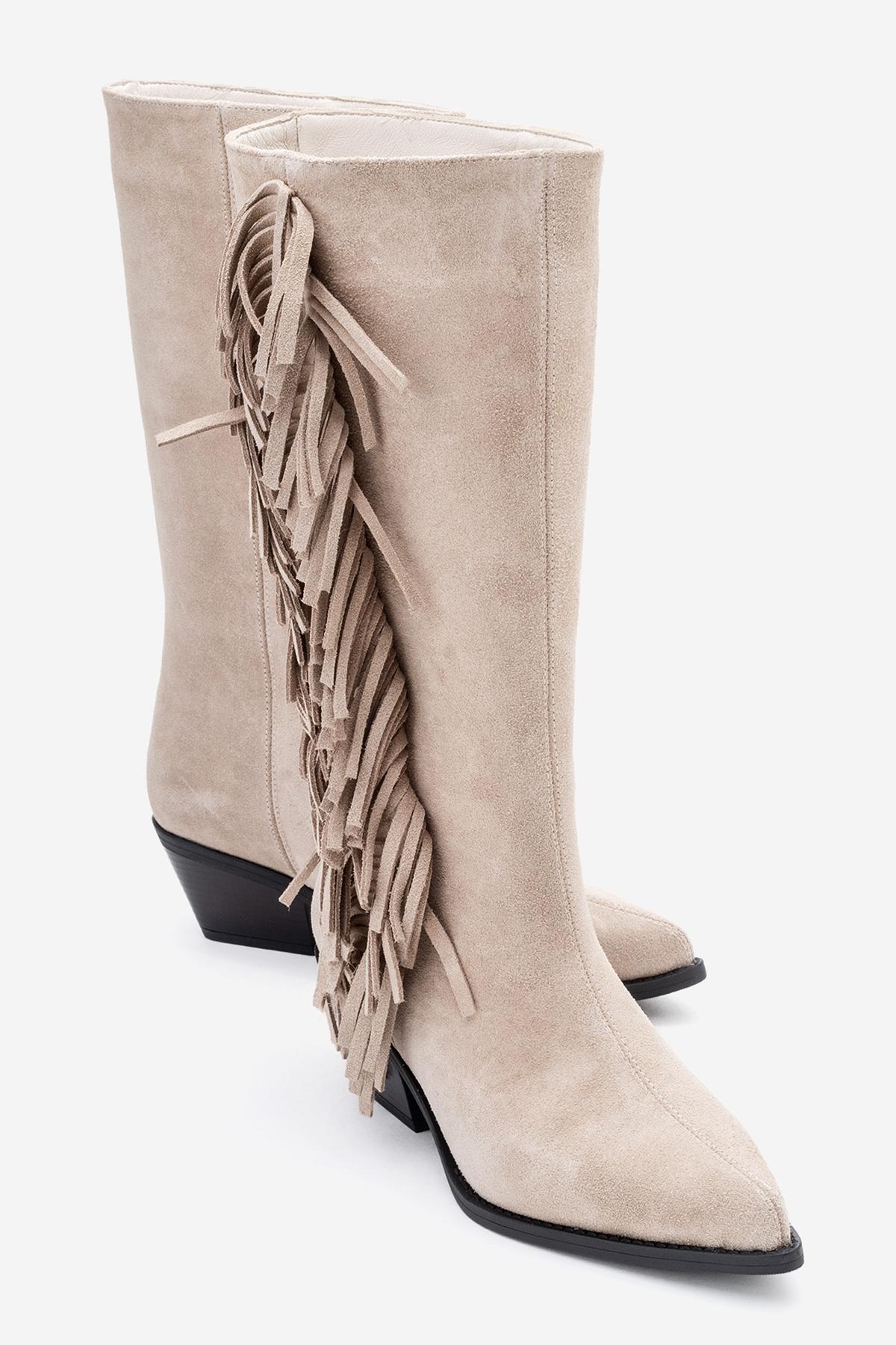 Orlo - Beige Suede Genuine Leather Fringed Western Boot (Women)