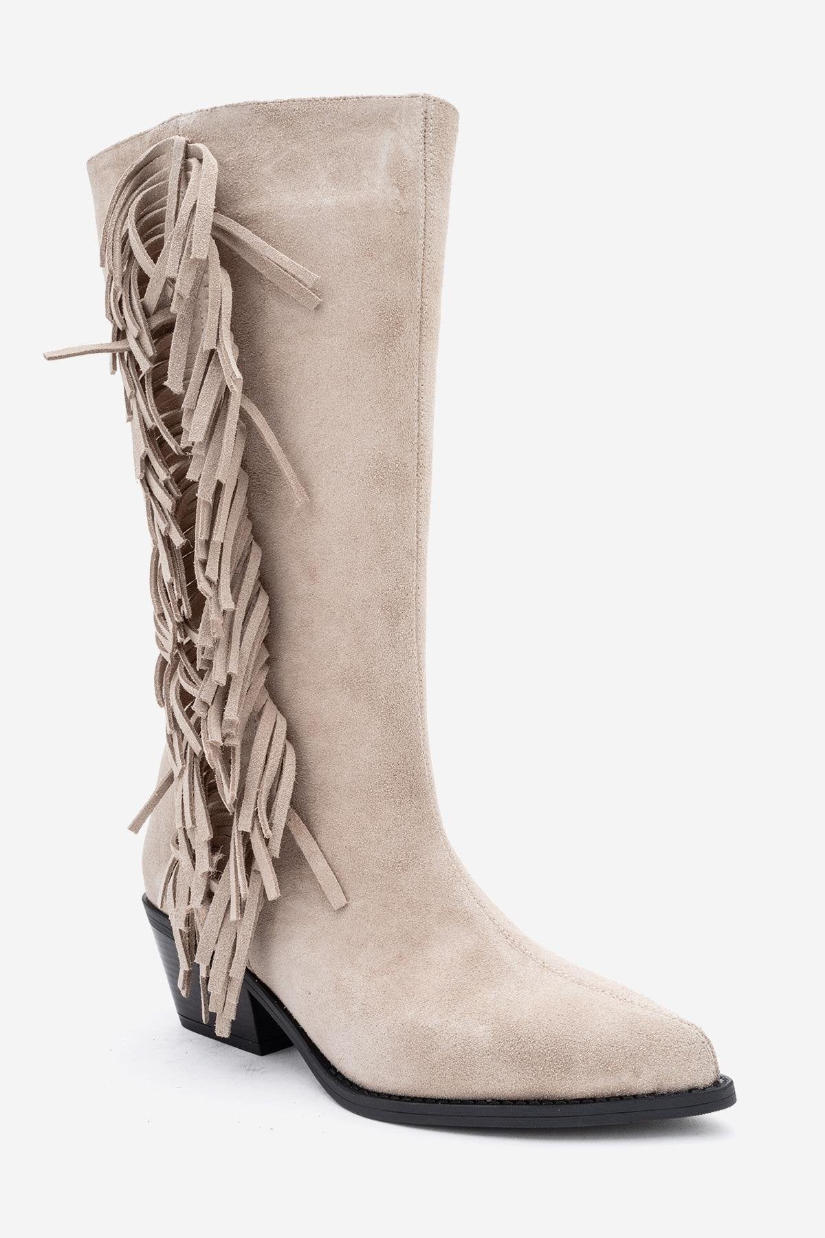 Orlo - Beige Suede Genuine Leather Fringed Western Boot (Women) - Image 3