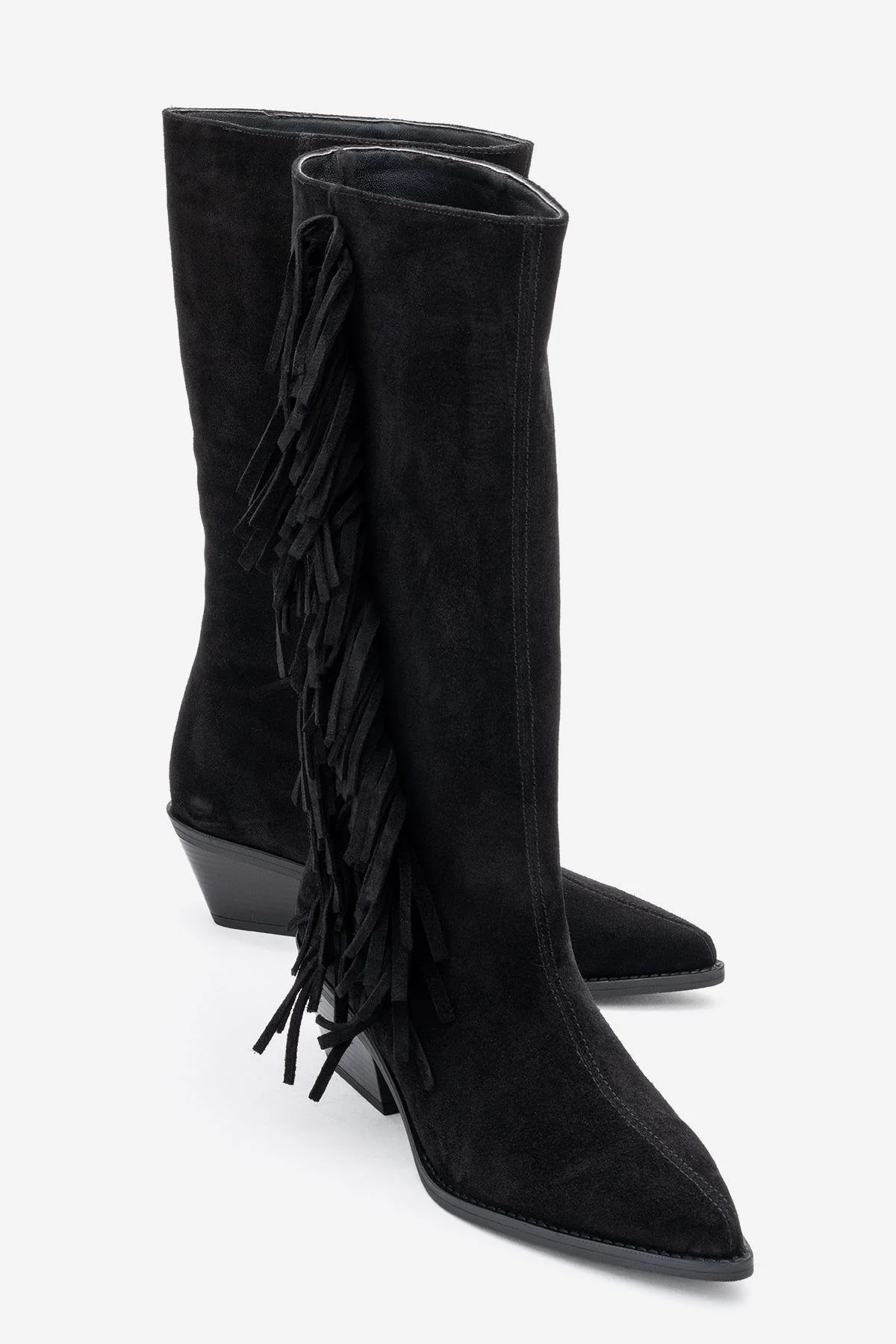 Orlo - Black Suede Genuine Leather Fringed Western Boot (Women)