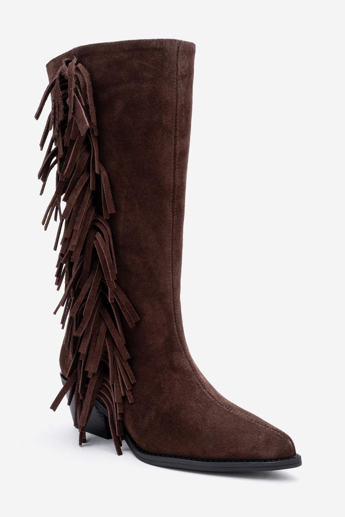 Orlo - Brown Suede Genuine Leather Fringed Western Boot (Women) - Image 3