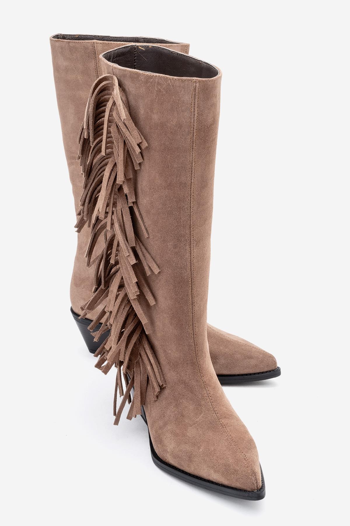 Orlo - Taupe Suede Genuine Leather Fringed Western Boot (Women)