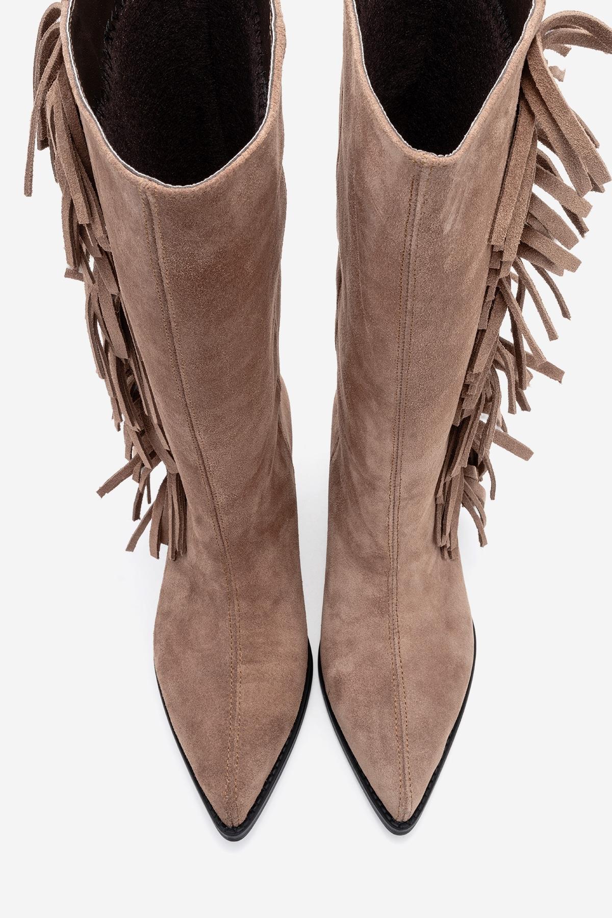 Orlo - Taupe Suede Genuine Leather Fringed Western Boot (Women) - Image 2