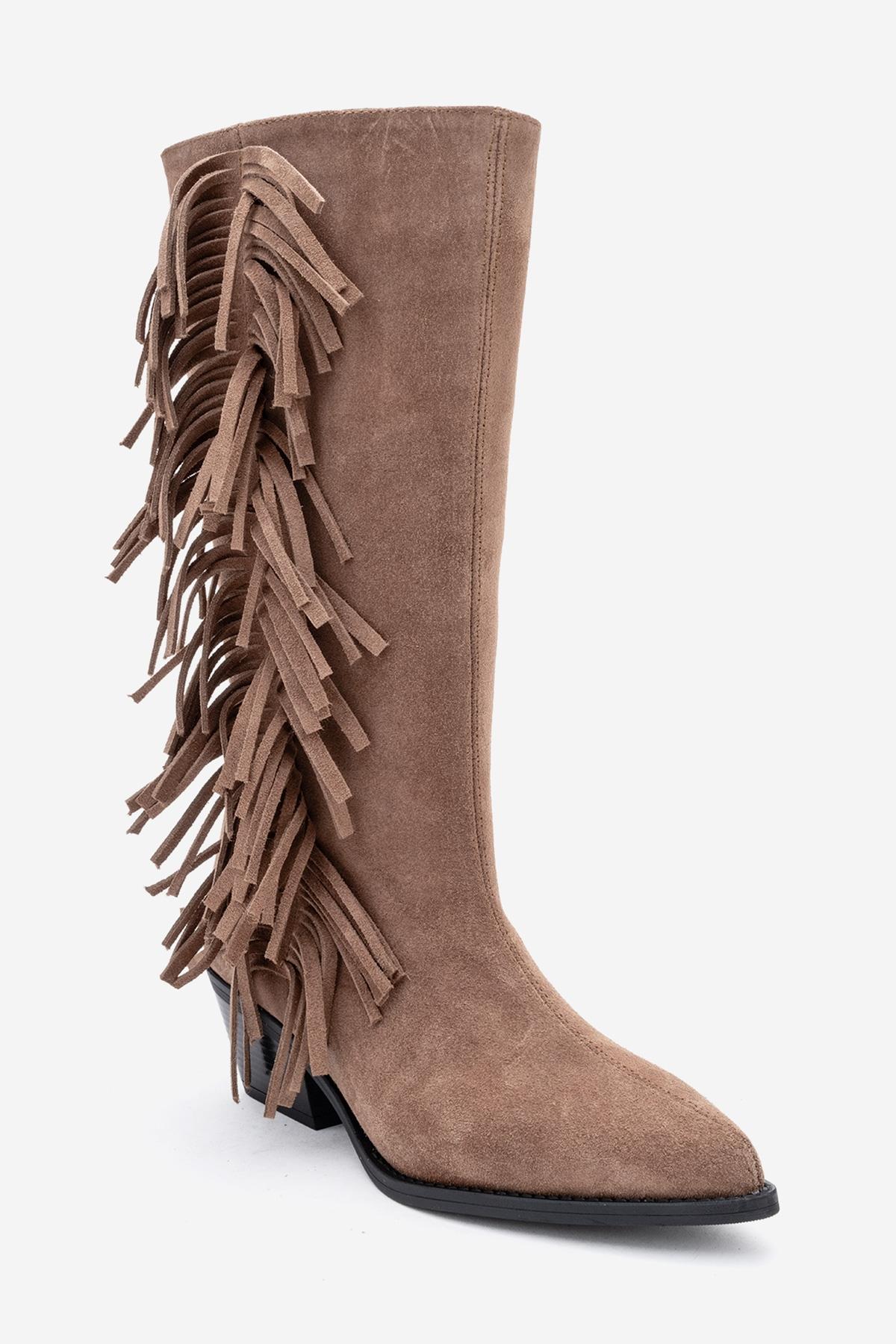 Orlo - Taupe Suede Genuine Leather Fringed Western Boot (Women) - Image 3