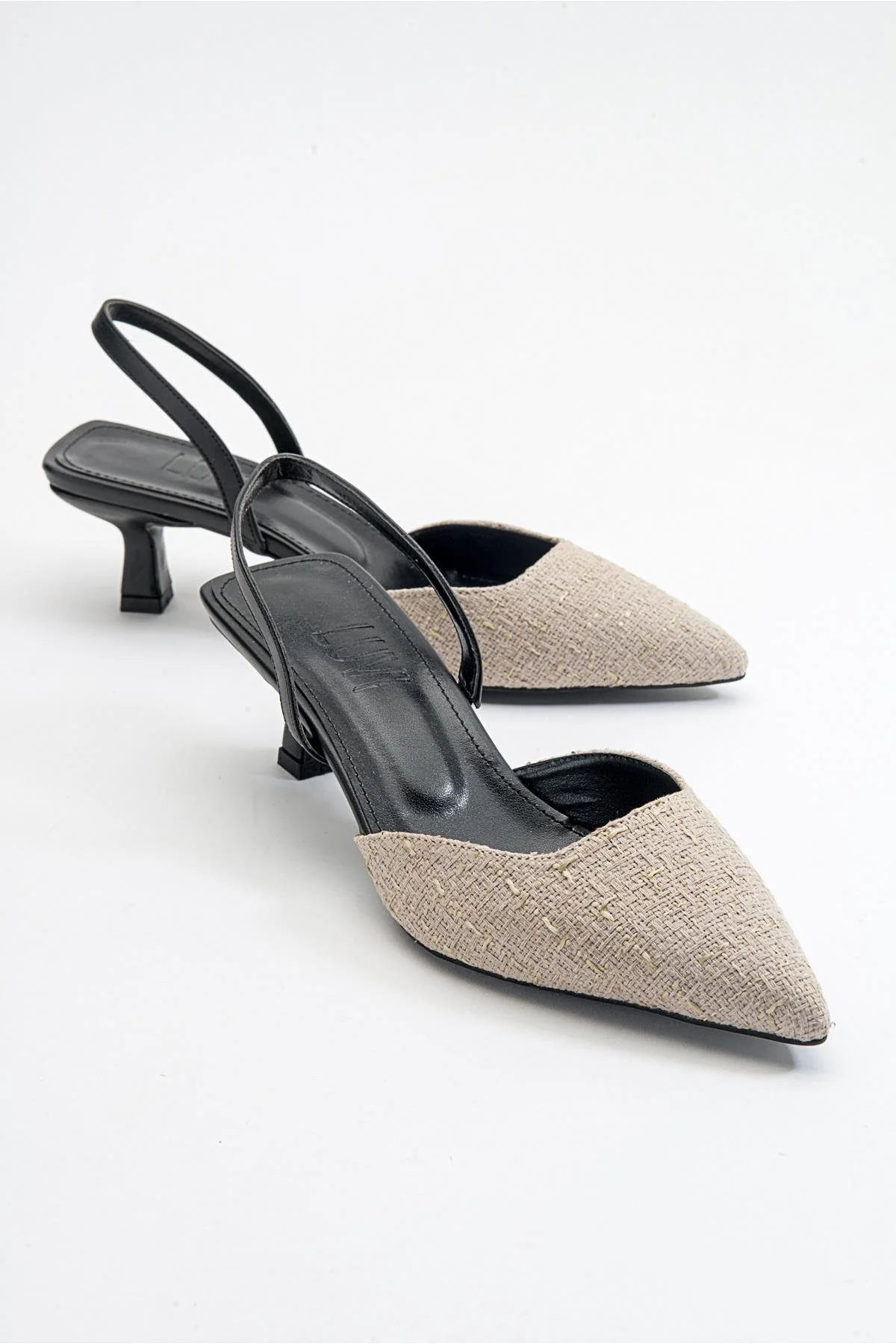 Over - Black Beige Tweed Pointed Toe Low Heel Shoe (Women)