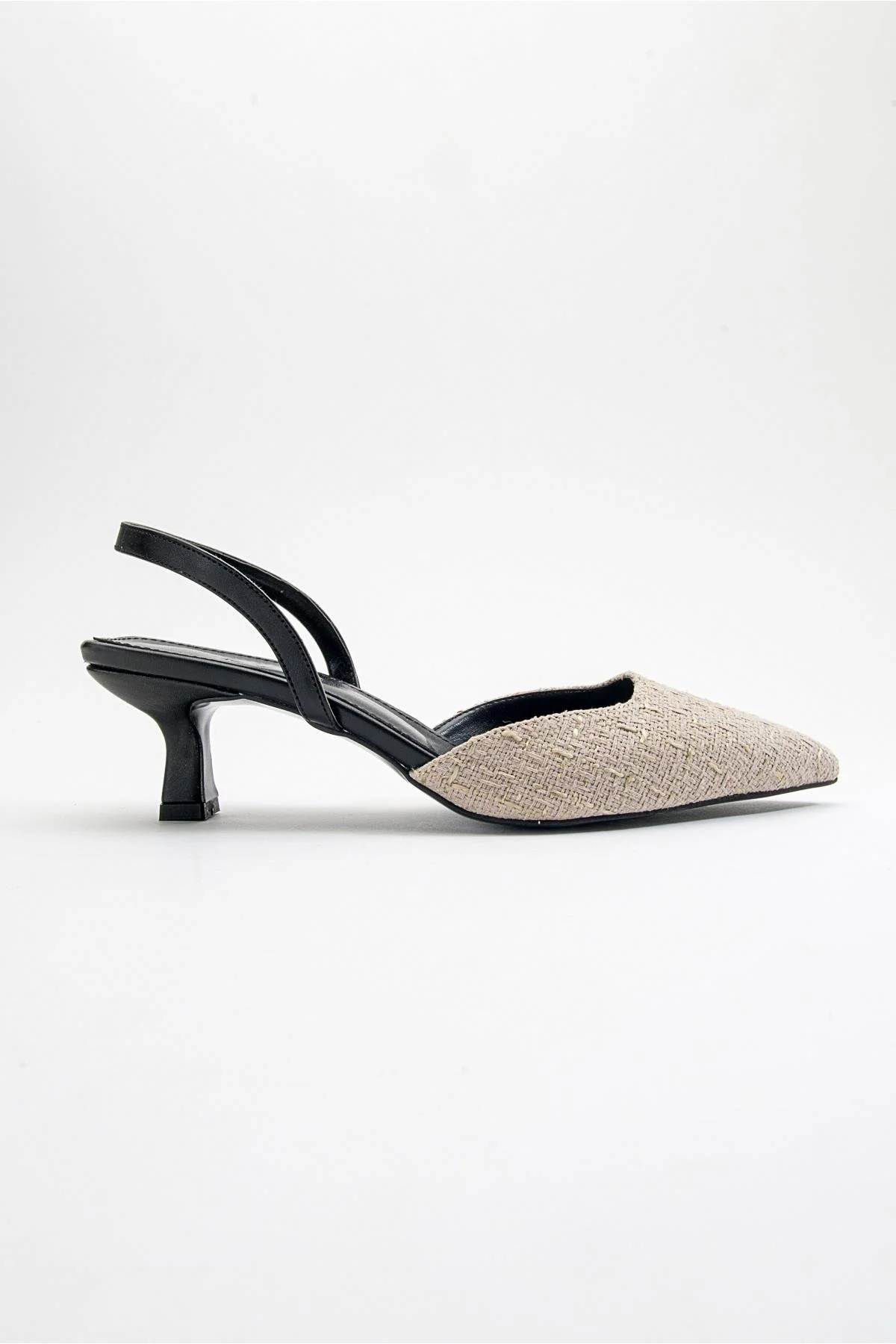 Over - Black Beige Tweed Pointed Toe Low Heel Shoe (Women) - Image 6
