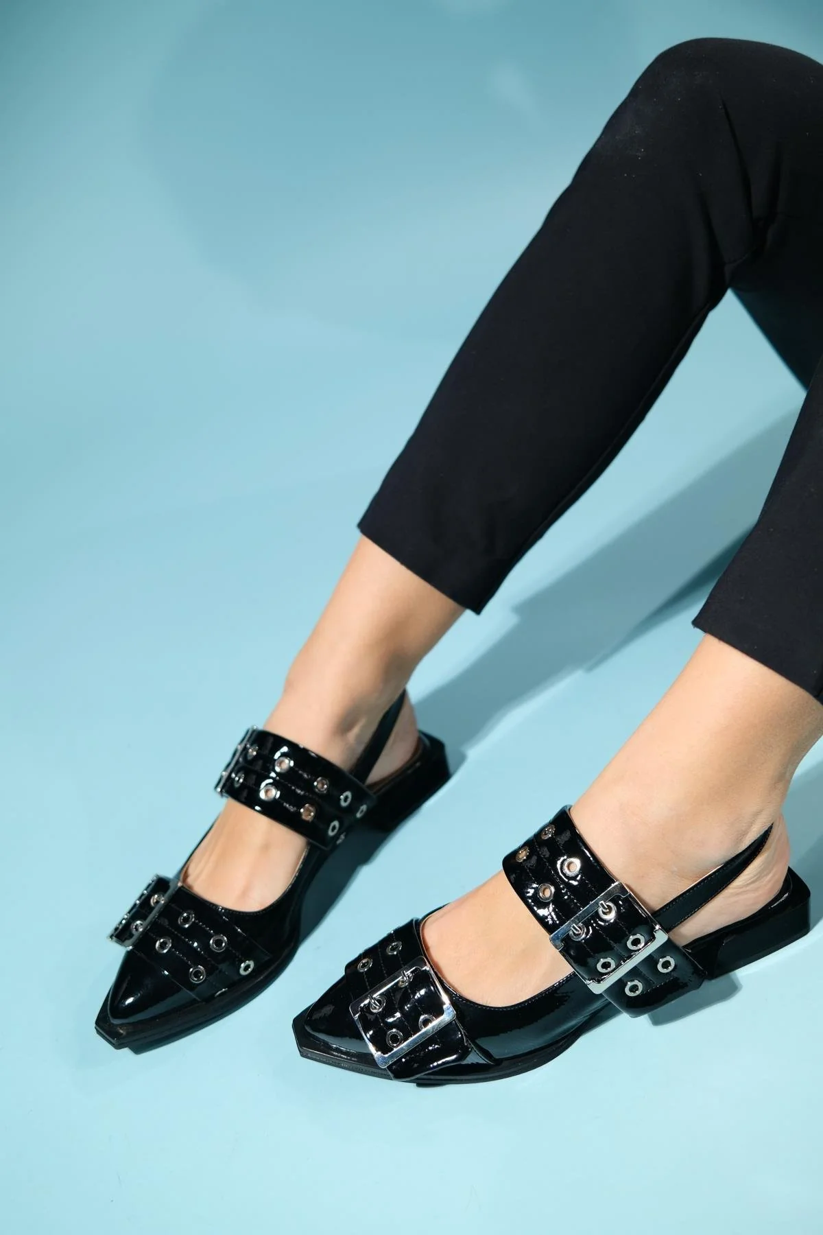 Paloma - Black Patent Silver Buckle Sandal (Women) - Image 2