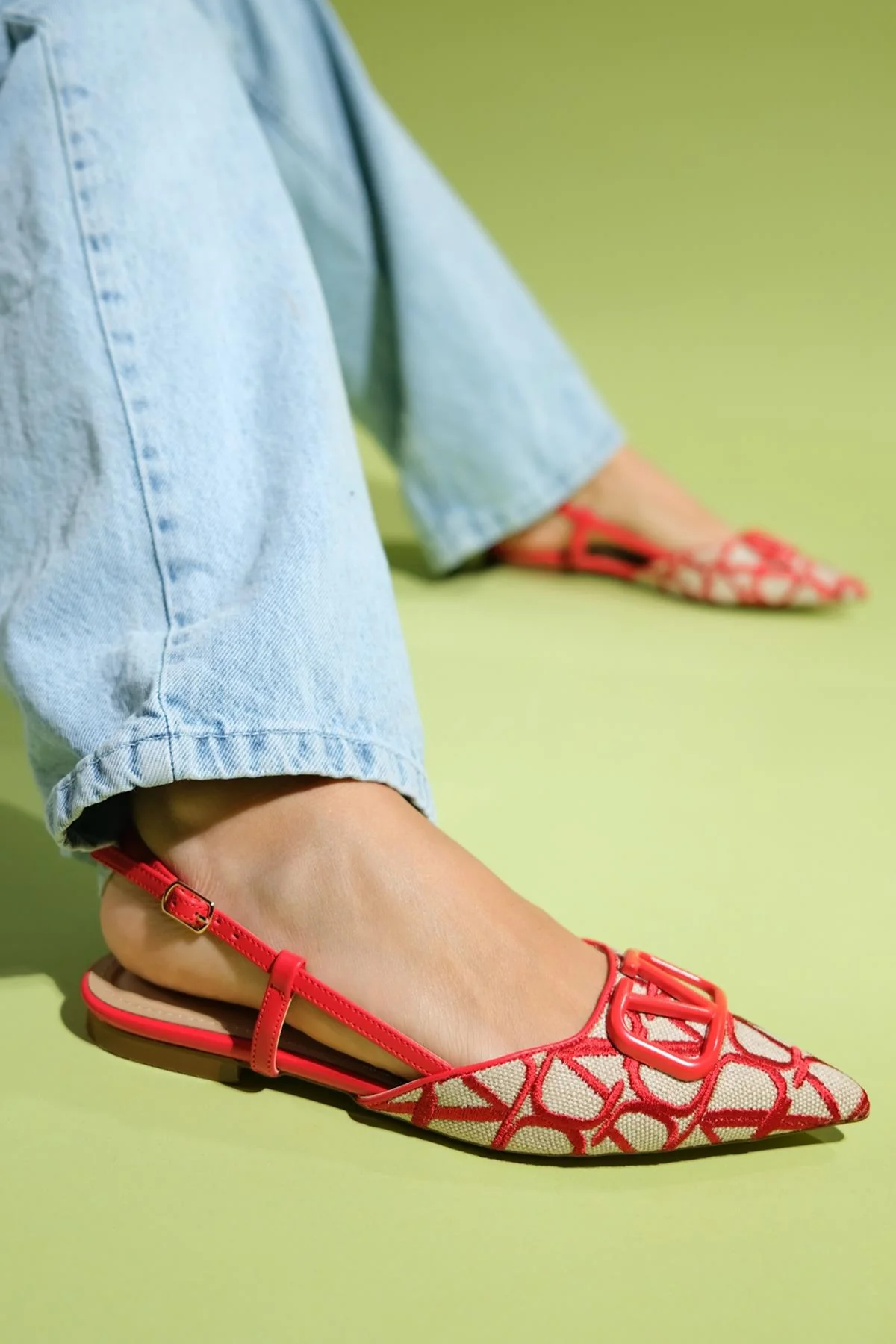 Pelops - Red Backless Pointed Toe Ballet Flat (Women)